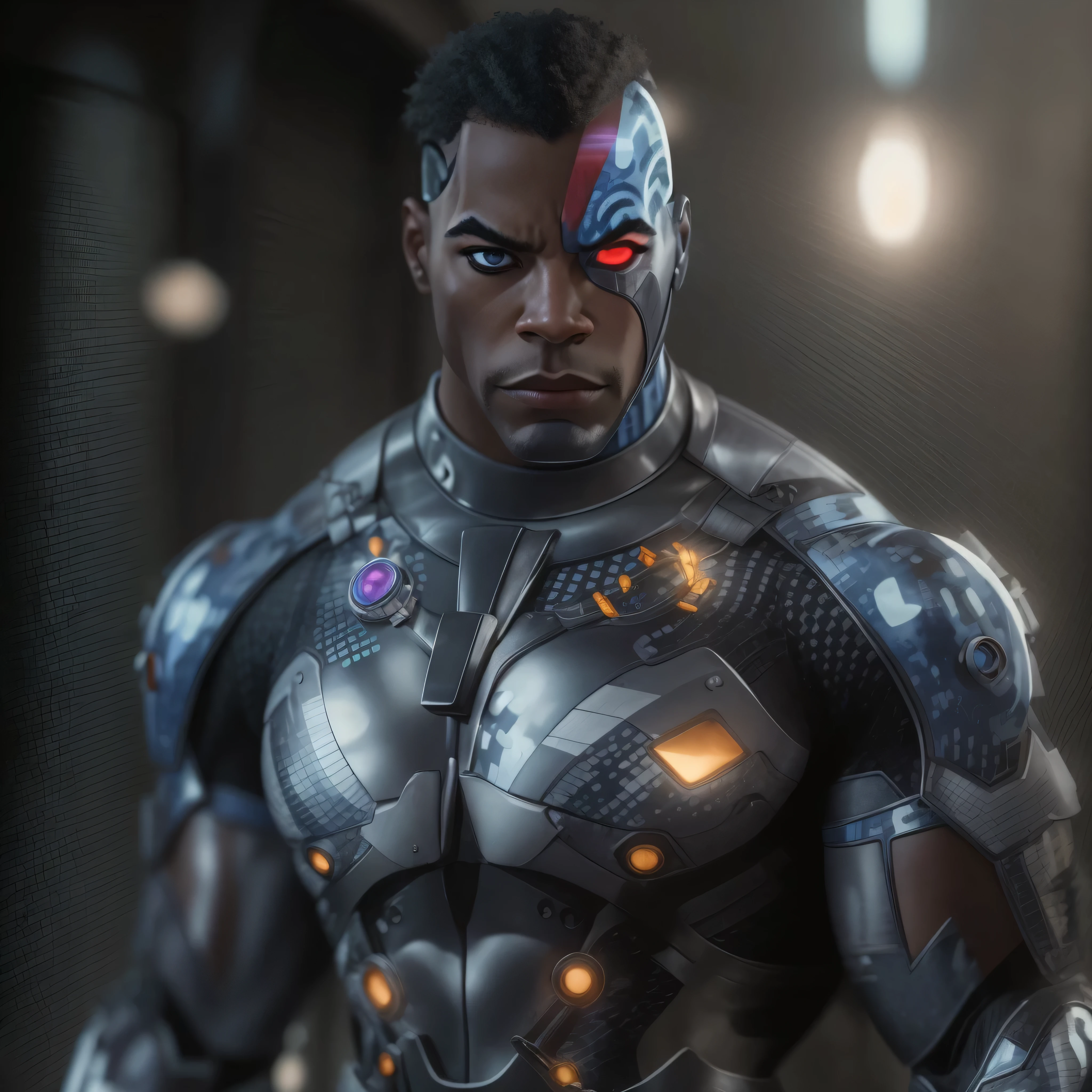 Full body image, DC Comics, Cyborg Victor Stone, black man, photo-realistic, octane render, unreal engine, ultra-realistic