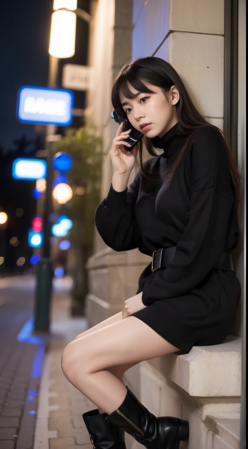 one girl, on the phone, at night、sweater dress、Black belt、black boots、