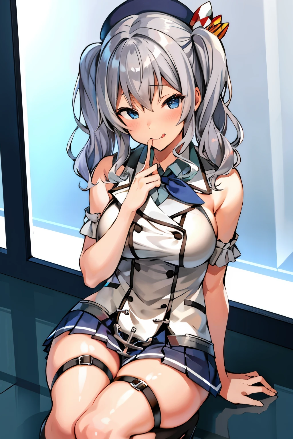 1 girl、solo、masterpiece、highest quality、KashimaOG、Kashima\(KanColle\)、gray hair、blue eyes、wavy hair、twin tails、Fishing eye、beret、laughter、embarrassing、blush、big breasts、Black enamel、bondage、High leg、Black enamel、thigh high boots、squat on the floor、Open your crotch wide from side to side、open your legs、Show your crotch to the camera、stare at the camera、wooden hallway、((please open your mouth wide))、((With a transparent rod like male genitalia:1.2))、((Stick out your tongue and lick a transparent rod like male genitalia:1.2))、