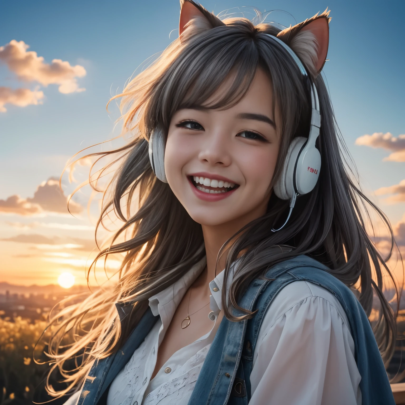 masterpiece, highest quality, movie stills, 1 girl, cloud girl, floating in the sky, close, bright, Happy, warm and soft lighting, sunset, (sparks:0.7)、Feline ears、headphone、gray hair、17 year old girl、cute、Glamour、Good style、laughing、Plump、