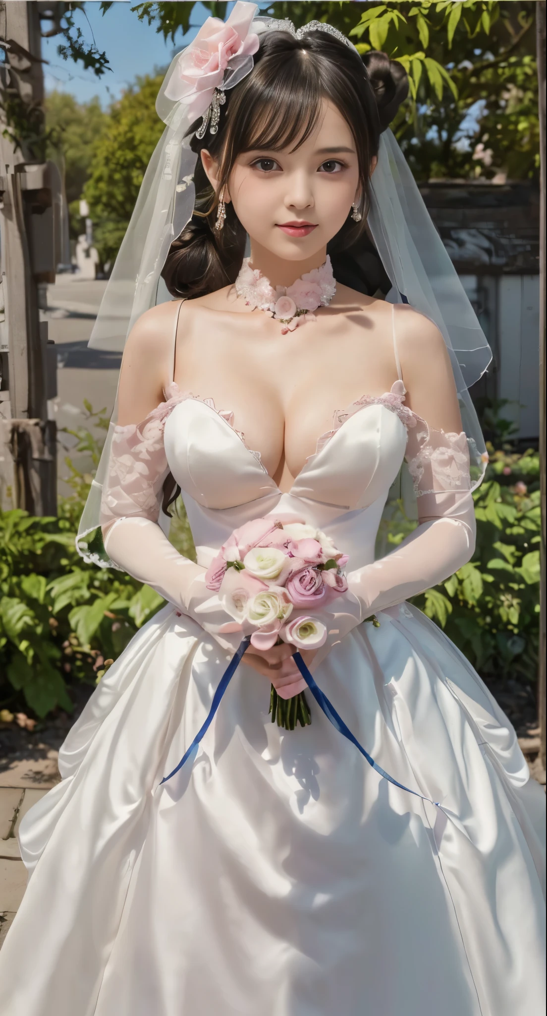 (((Pixel perfect, Perfect details))), alone, 1 girl, Shibuya Kanon, Close-up of beautiful bride wearing beautiful wedding dress,Gurwitz,(bridal veil:1.5),(transparent short veil:1.5),makeup,pink blush,dark blue eye shadow,Blushing face,Head flower,headgear,Bouquet,(tube top wedding dress:1.5),(Silk dress:1.2),(Strapless wedding dress:1.5),pure white dress,necklace,earrings,(large breasts:1.3),Deep V peach heart collar wedding dress,Bangs,pink lipstick,(White long elbow gloves:1.4),whole body照,High detail RAW color art,White long skirt,whole body,china street:1.3),
1 girl, 18 years old, (long twintails:1.5),
(double bun hair:1.5), black hair