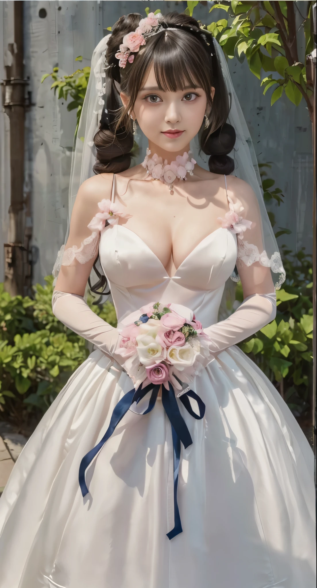 (((Pixel perfect, Perfect details))), alone, 1 girl, Shibuya Kanon, Close-up of beautiful bride wearing beautiful wedding dress,Gurwitz,(bridal veil:1.5),(transparent short veil:1.5),makeup,pink blush,dark blue eye shadow,Blushing face,Head flower,headgear,Bouquet,(tube top wedding dress:1.5),(Silk dress:1.2),(Strapless wedding dress:1.5),pure white dress,necklace,earrings,(large breasts:1.3),Deep V peach heart collar wedding dress,Bangs,pink lipstick,(White long elbow gloves:1.4),whole body照,High detail RAW color art,White long skirt,whole body,china street:1.3),
1 girl, 18 years old, (long twintails:1.5),
(double bun hair:1.5), black hair