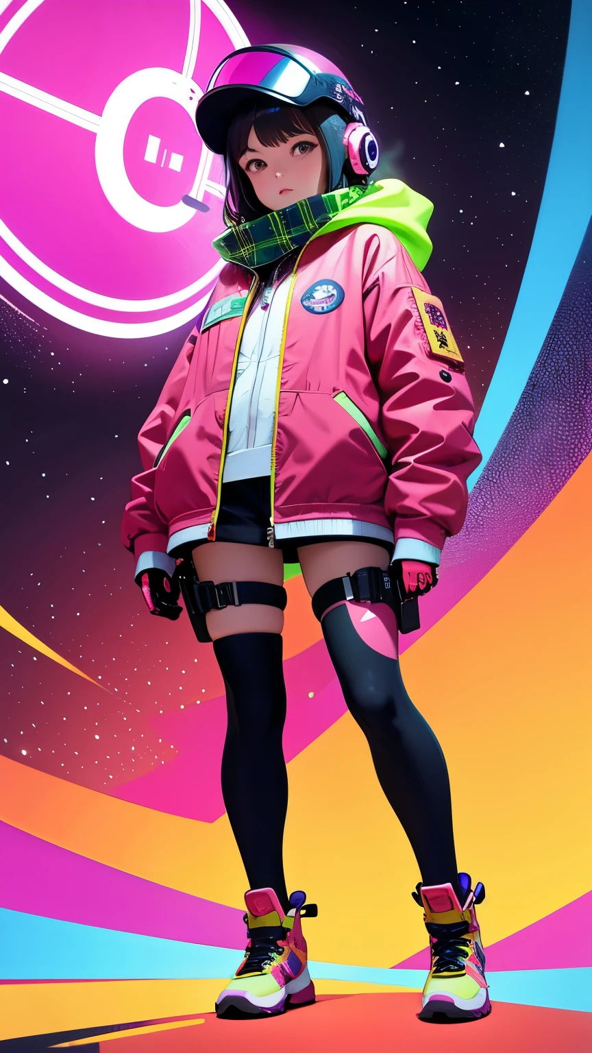 (ultra detailed,ultra high res,detailed background),((2D)),((flat color)),((muted color)),((floating neon)),1girl,solo,looking at viewer, BREAK, spray paint, graffiti, girl in a floral print space suit wearing her helmet, plush tartan scarf, full body image