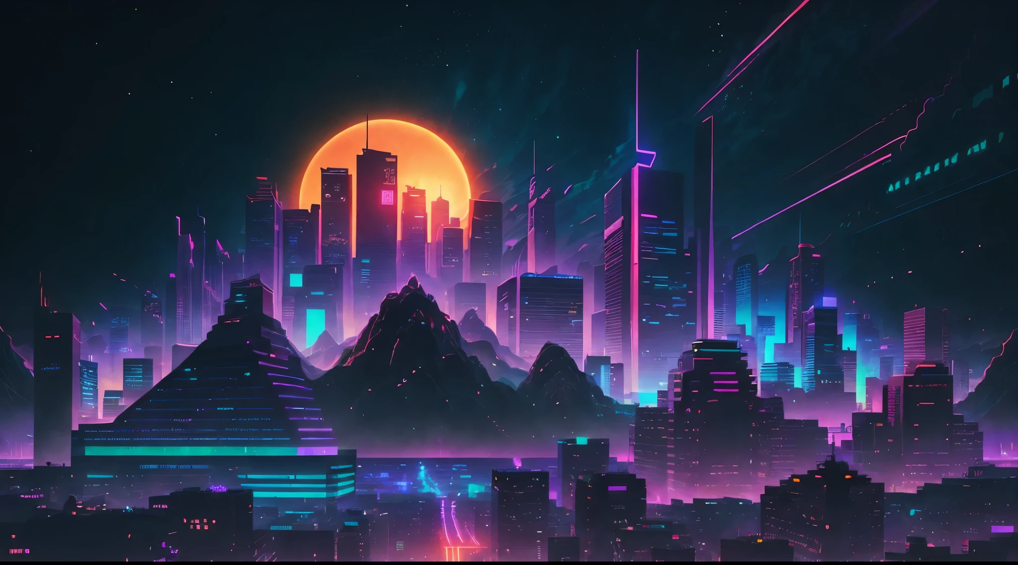 retrowave. city, purple neon lights, sun, mountain, synthwave inspired art, 8k, epic scale, 16.9 aspect ratio 
(masterpiece,detailed,highres),