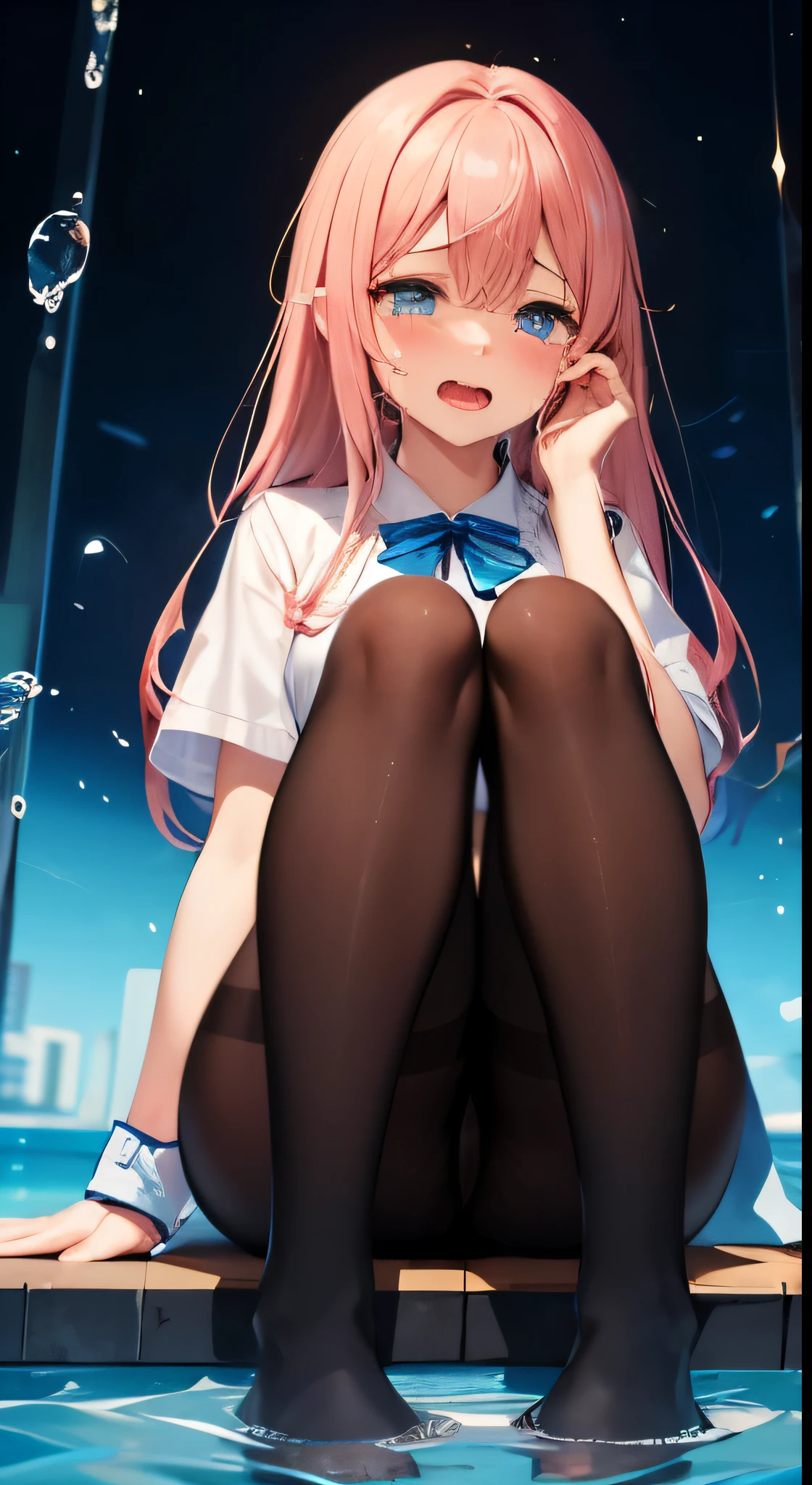 1 girl, black pantyhose, sit, Show tongue, saliva, legs apart, expose feet, cry, tears, water