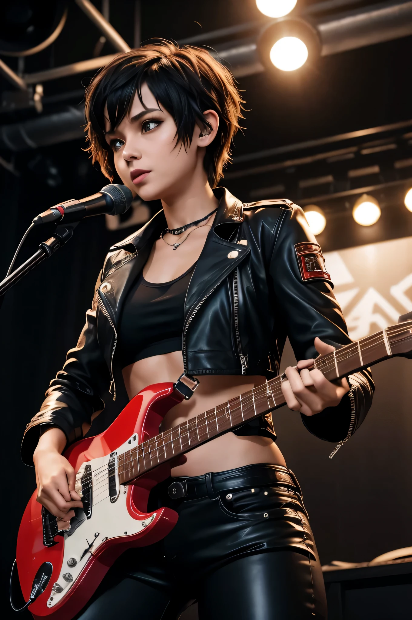 Image of a stage in a modern dive bar, anime. 30 yr old female with short fluffy brown hair in messy, slightly unkempt pixie cut ((Latin dark skin)) with hazel eyes standing on stage in black punk rocker style clothing. Black leather jacket, black leather pants, black crop top with random band logo on it. She is gazing at a red electric guitar in her hands, screaming into a microphone, modern day. She is performing a guitar solo.