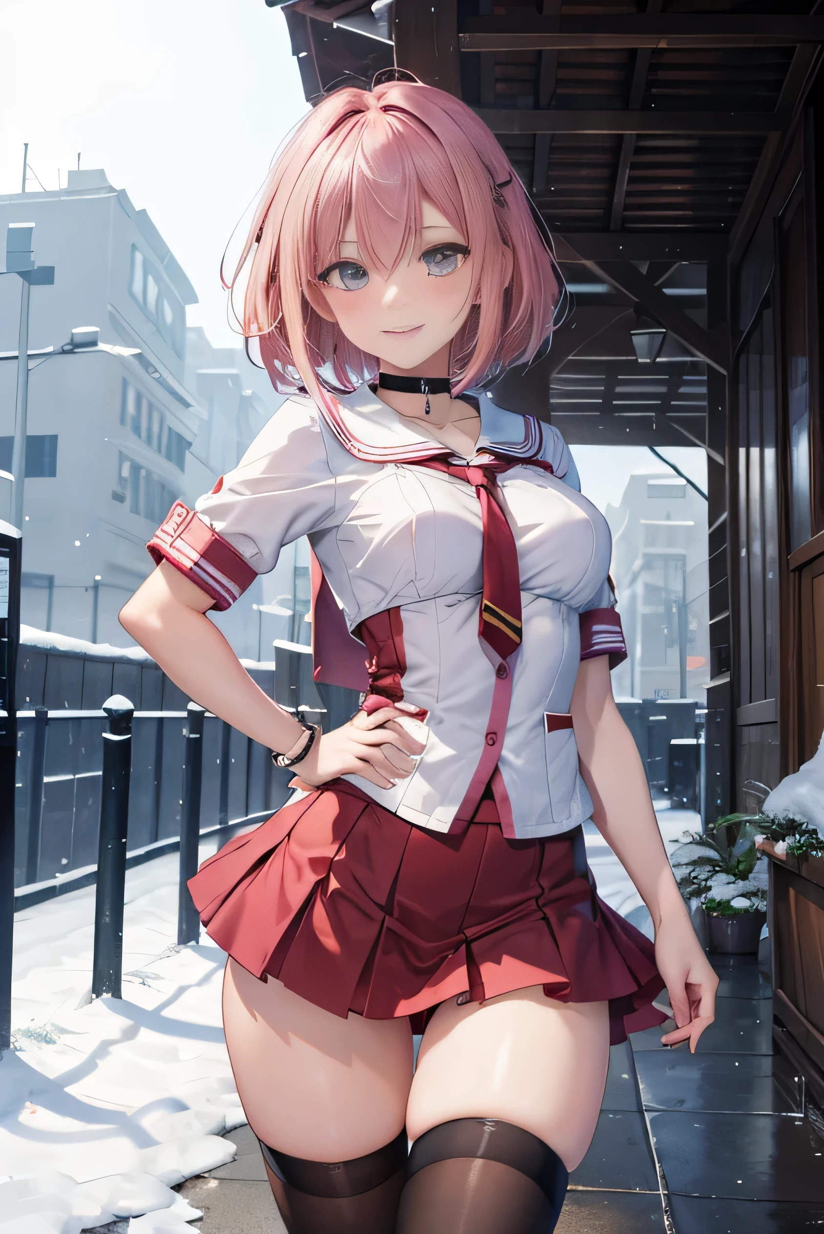 (photorealistic:1.5, highest quality,masterpiece,High resolution,muste piece),snow mountainに立つ1人の23歳の女性,cyber punk,(red flared skirt,Red combat uniform,choker,knee high socks), detailed eyes:1.7,detailed eyes:1.8,beautiful skin:1.8, (looking at the camera:1.2),(Photo seen from the front bottom:1.3),(Short Hair:1.2,bright pink hair:1.5), expression( Shy Smile:1.3,blushing:1.3),Pause( Seductive pose:1.5),background(snow mountain:1.5,ruins,apocalyptic world),(Medium chest,slender, abs:1.2), (Underwear visible through clothing),(Butt visible through clothes),(detailed perfect face),normal hands:1.5,normal finger:1:5,normal feet:1.5,(cameltoe)
