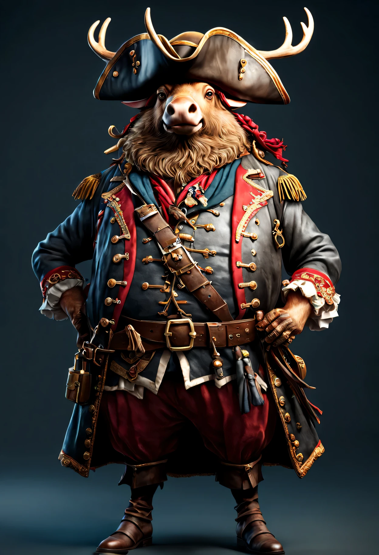 photorealistic portrait of Dressed animals - a ((fat)) elk pirate,(brave pose), high quality,(lovely) ,intricate details, highly detailed ((pirate's hat and clothes)) ,,highly detailed decorations, , (brave), studio lighting,(full body image:1.5)