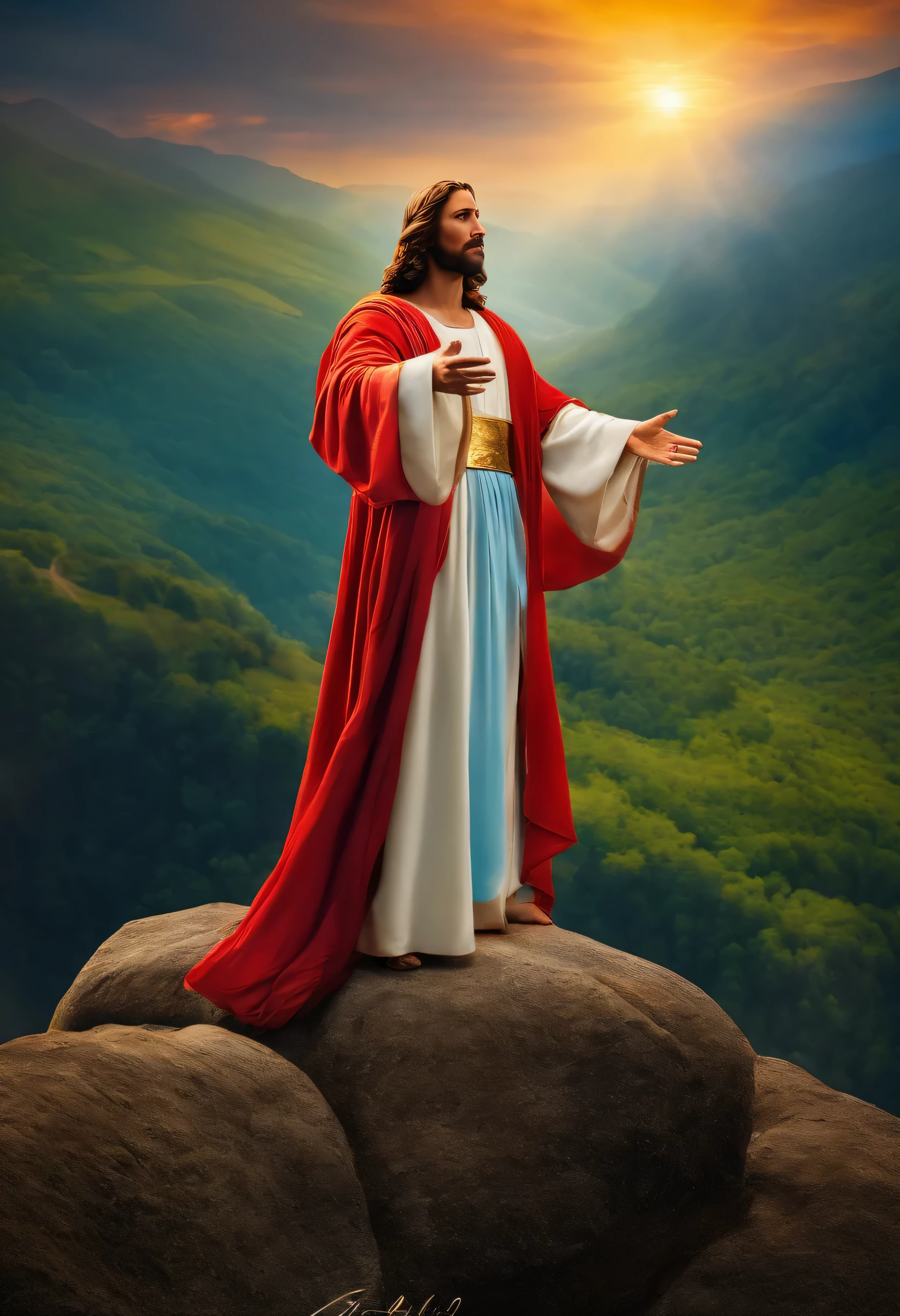 jesus cristo sentado no alto de um montanha sol se pondo