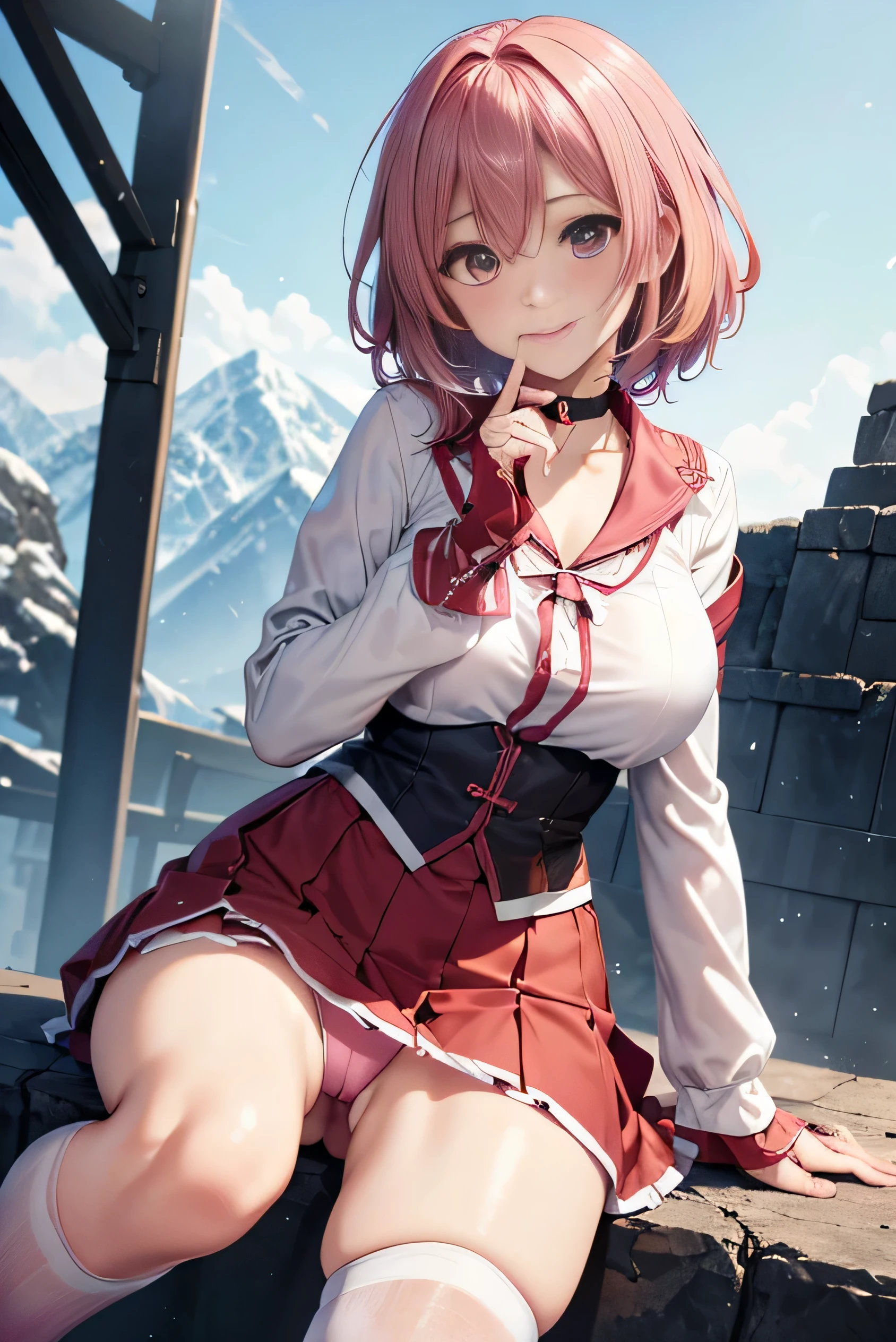 (photorealistic:1.5、highest quality、masterpiece、High resolution、muste piece)、snow mountainに立つ1人の23歳の女性、cyber punk、(red flared skirt、Red combat uniform、choker、knee high socks)、detailed eyes:1.7,detailed eyes:1.8,beautiful skin:1.8, (looking at the camera:1.2),(Photo seen from the front bottom:1.3),(short hair:1.2,bright pink hair:1.5), expression( Shy Smile:1.3,blushing:1.3)、Pause(誘惑Pause:1.5)、background(snow mountain:1.5,ruins,apocalyptic world),(Medium chest,slender,abs:1.2),(through clothes)Visible underwear)、(through clothes見える尻)、(detailed perfect face)、normal hands:1.5、normal finger:1:5、normal feet:1.5、(cameltoe)