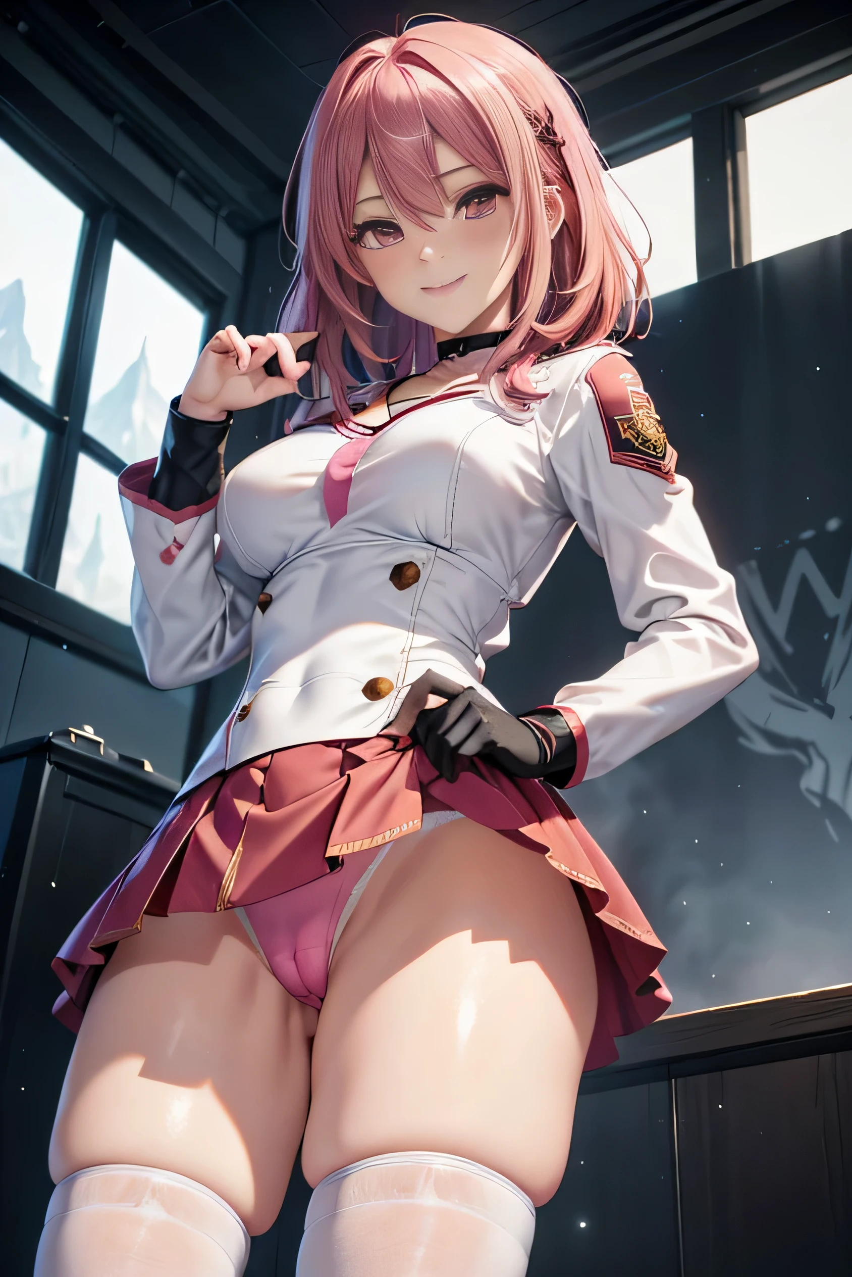(photorealistic:1.5, highest quality,masterpiece,High resolution,muste piece),snow mountainに立つ1人の23歳の女性,cyber punk,(red flared skirt,Red combat uniform,choker,knee high socks), detailed eyes:1.7,detailed eyes:1.8,beautiful skin:1.8, (looking at the camera:1.2),(Photo seen from the front bottom:1.3),(Medium Hair:1.2,bright pink hair:1.5), expression( Shy Smile:1.3,blushing:1.3),Pause( Seductive pose:1.5),heart mark,Heart-shaped,background(snow mountain:1.5,ruins,apocalyptic world),(Medium chest,slender, abs:1.2), (detailed perfect face),normal hands:1.5,normal finger:1:5,normal feet:1.5,(cameltoe)