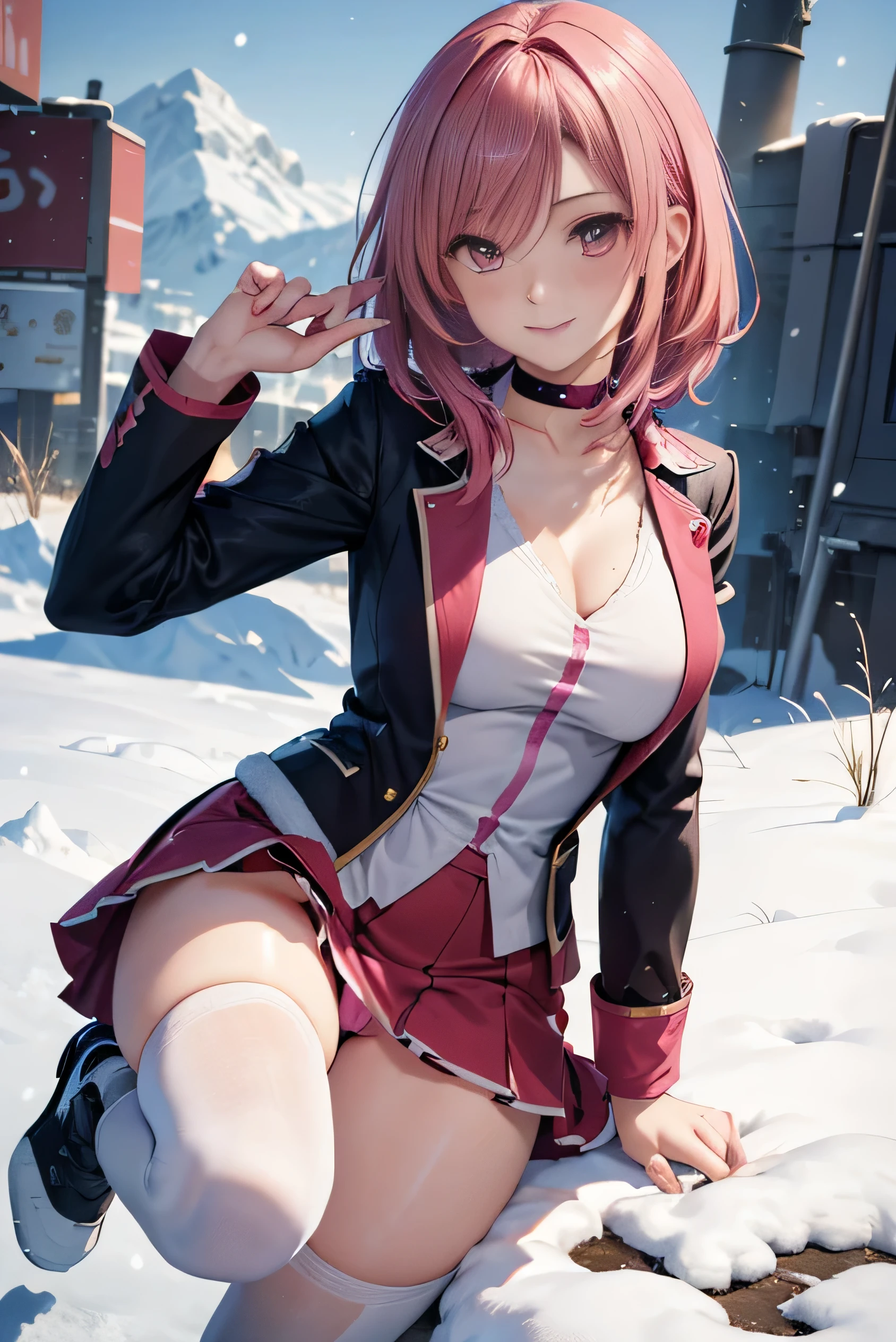 (photorealistic:1.5, highest quality,masterpiece,High resolution,muste piece),snow mountainに立つ1人の23歳の女性,cyber punk,(red flared skirt,Red combat uniform,choker,knee high socks), detailed eyes:1.7,detailed eyes:1.8,beautiful skin:1.8, (looking at the camera:1.2),(Photo seen from the front bottom:1.3),(Medium Hair:1.2,bright pink hair:1.5), expression( Shy Smile:1.3,blushing:1.3),Pause( Seductive pose:1.5),Heart Accessories,Heart-shaped,background(snow mountain:1.5,ruins,apocalyptic world),(Medium chest,slender, abs:1.2), (detailed perfect face),normal hands:1.5,normal finger:1:5,normal feet:1.5,(cameltoe)