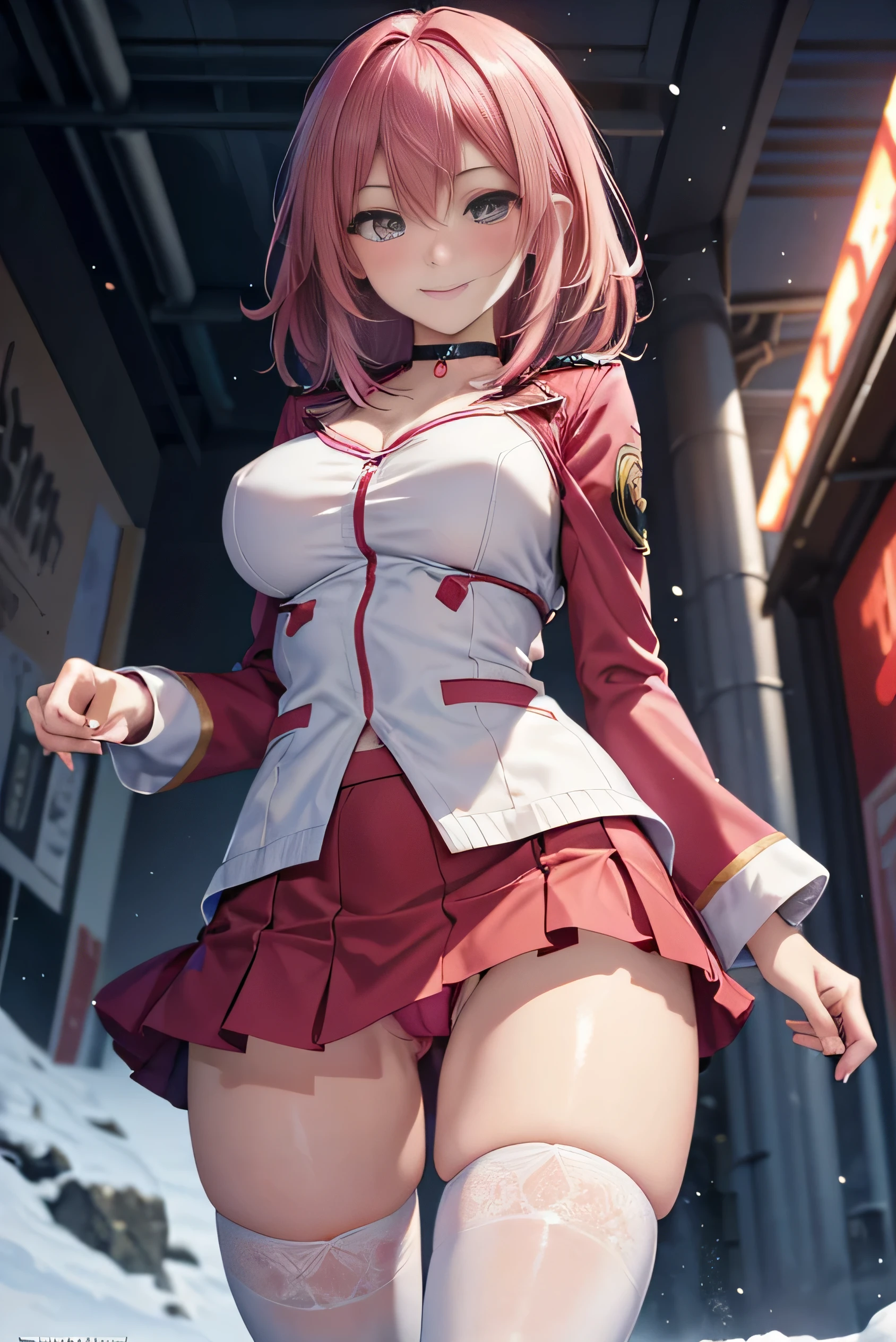(photorealistic:1.5, highest quality,masterpiece,High resolution,muste piece),snow mountainに立つ1人の23歳の女性,cyber punk,(red flared skirt,Red combat uniform,choker,knee high socks), detailed eyes:1.7,detailed eyes:1.8,beautiful skin:1.8, (looking at the camera:1.2),(Photo seen from the front bottom:1.3),(Medium Hair:1.2,bright pink hair:1.5), expression( Shy Smile:1.3,blushing:1.3),Pause( Seductive pose:1.5),Heart Accessories,Heart-shaped,background(snow mountain:1.5,ruins,apocalyptic world),(Medium chest,slender, abs:1.2), (detailed perfect face),normal hands:1.5,normal finger:1:5,normal feet:1.5,(cameltoe)