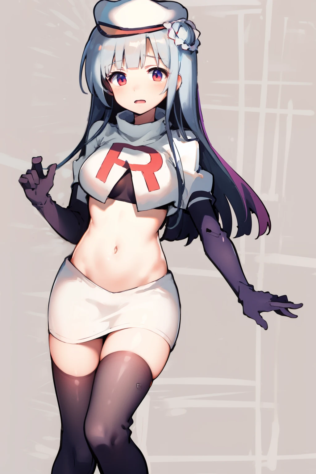 cygnet \(azur lane\), hat, team rocket,team rocket uniform,white skirt,red letter R,crop top,black thigh-highs,black elbow gloves