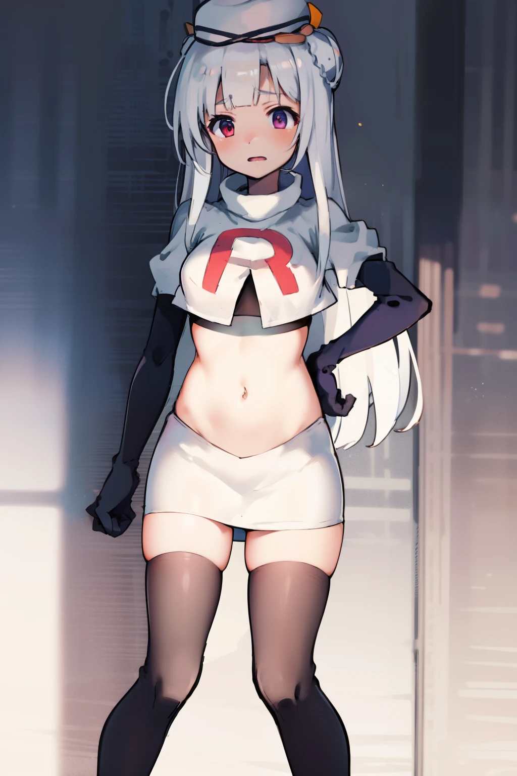 cygnet \(azur lane\), hat, team rocket,team rocket uniform,white skirt,red letter R,crop top,black thigh-highs,black elbow gloves