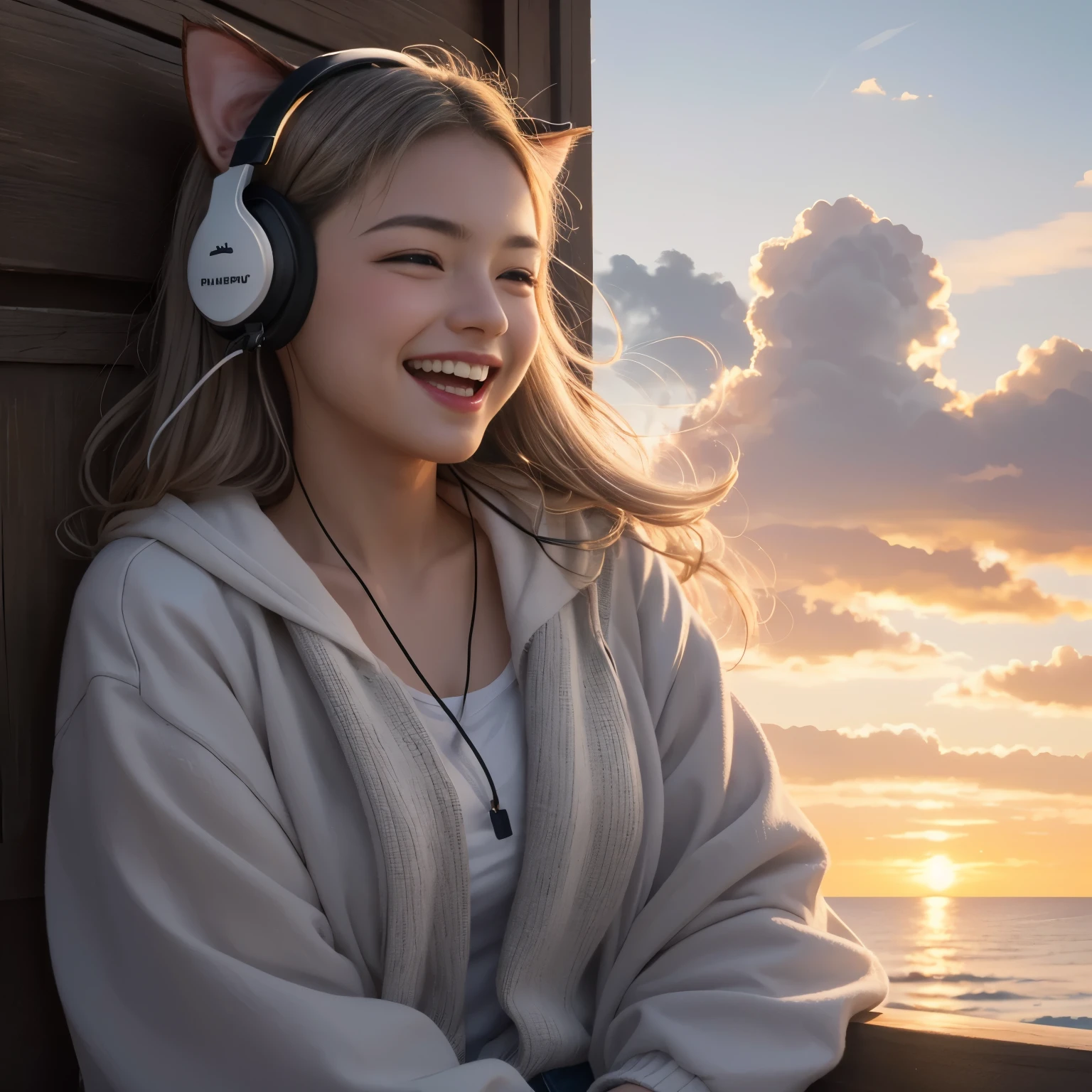 masterpiece, highest quality, movie stills, 1 girl, cloud girl, floating in the sky, close, bright, Happy, warm and soft lighting, sunset, (sparks:0.7)、Feline ears、headphone、gray hair、17 year old girl、cute、Glamour、Good style、laughing、Plump、blonde、