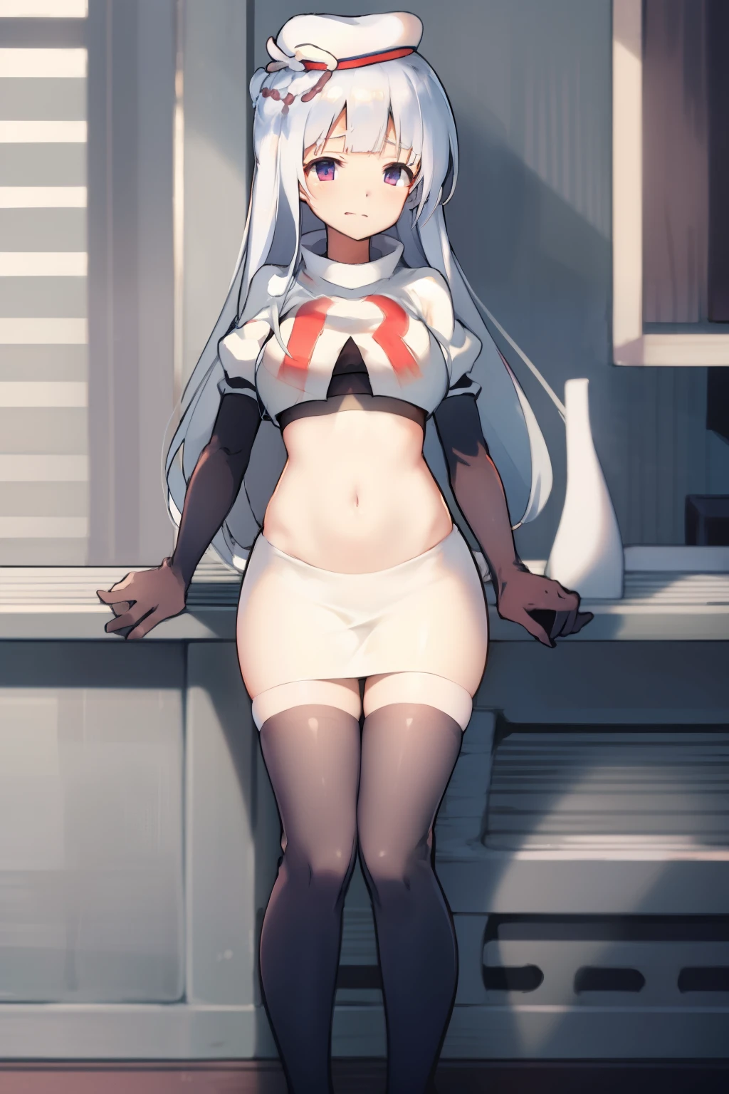 cygnet \(azur lane\), hat, team rocket,team rocket uniform,white skirt,red letter R,crop top,black thigh-highs,black elbow gloves