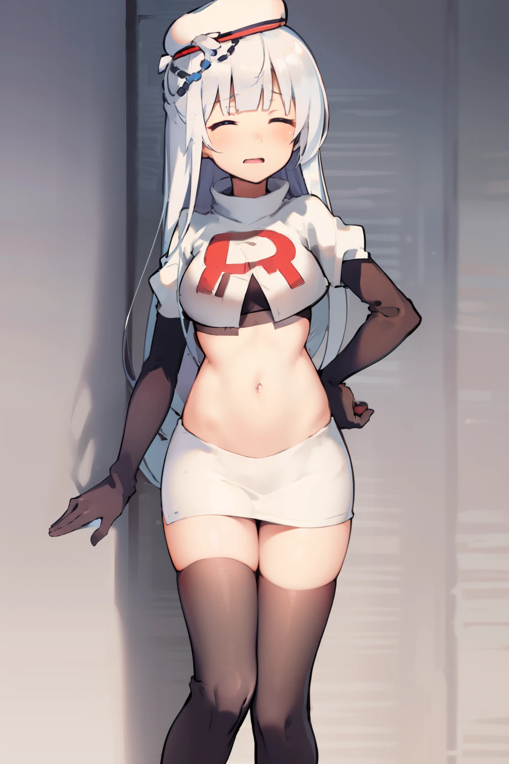 cygnet \(azur lane\), hat, team rocket,team rocket uniform,white skirt,red letter R,crop top,black thigh-highs,black elbow gloves