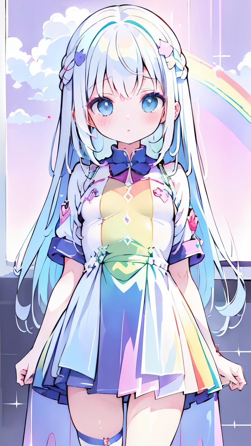 one girl、12talent、Magical girl、anatomy、french braid、anime style、small breasts、cute face、cute clothes、combat uniform、、(((The background is pastel colored clouds:1.5、rainbow、blurred background)))、highest quality、High resolution、High resolution、cinematic lighting、professional photographer