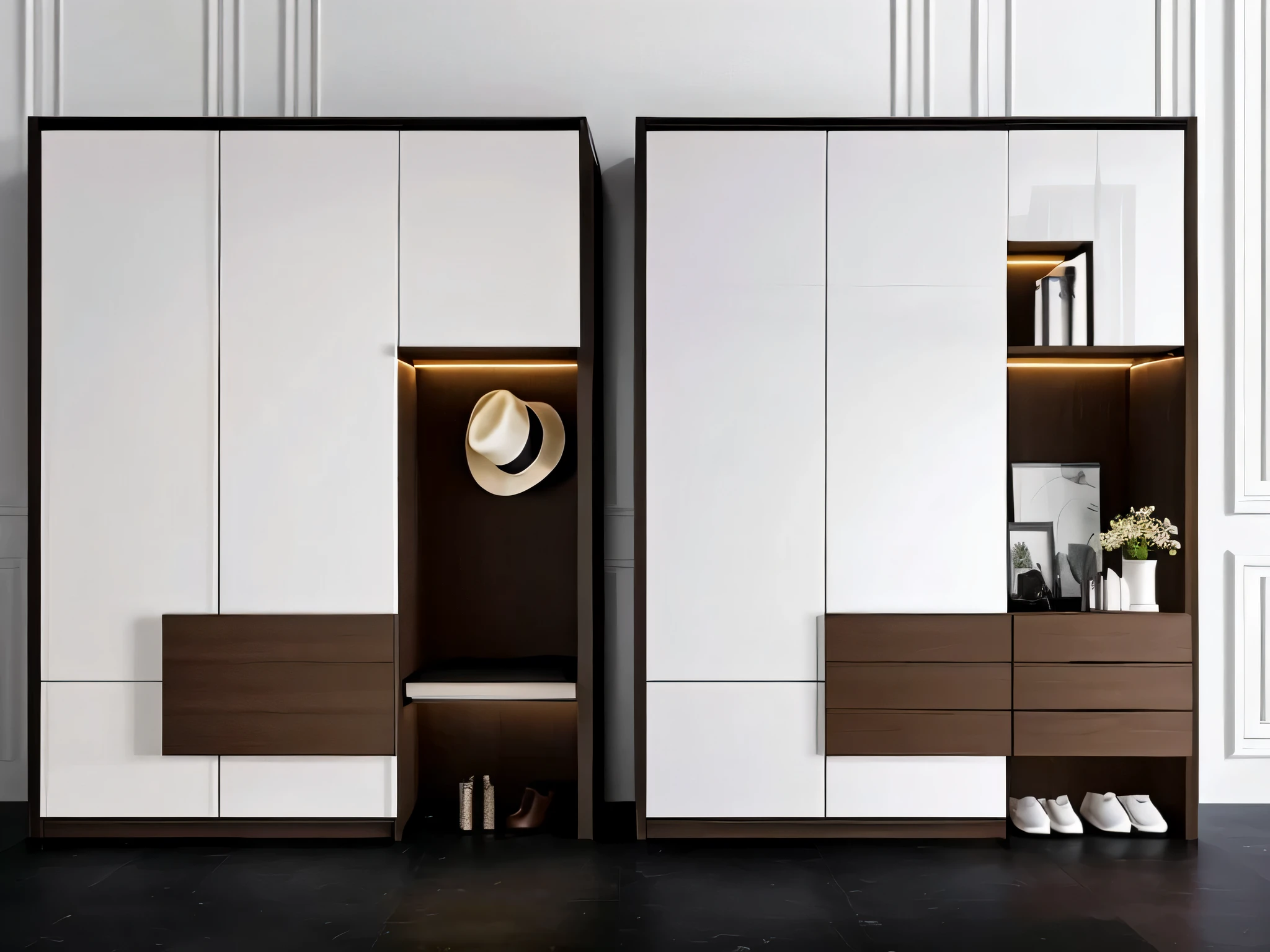 Close-up of wardrobe with hat rack and hat rack, Elegant futuristic wardrobe, elegant wardrobe, cupboard, conceptual, Modular, cupboard, highly rendered!!, Inspired by Rihard Jakopič, cupboard家具, author:Jürgen von Hundberg, author:Mirabello Cavallori, highly rendered, wood cupboard, concept art. 8k