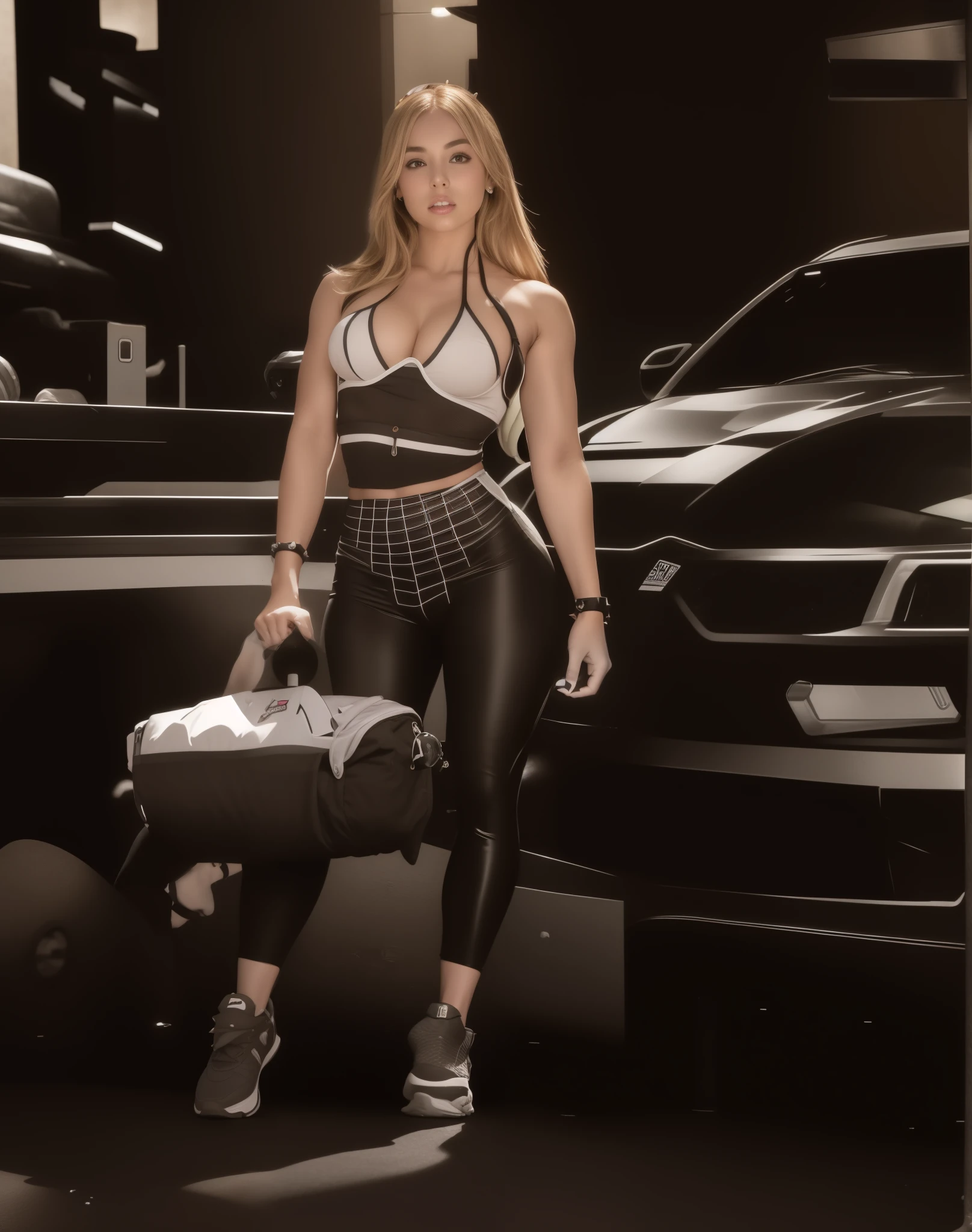 Bowsette sports bra and leggings carrying a backpack, Modelo de fitness, apta, sports physique, fotografia de uma mulher techwear, corpo forte, torna-se um physicist curvilíneo, grosso, short shirt and strong abdomen, mulher em forma, vestindo roupas pretas justas, athletic and strong, grande, largo, forte, physicist |, magro, mas musculoso, roupa apertada