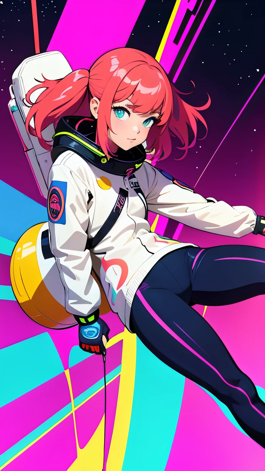 (ultra detailed,ultra high res,detailed background),((2D)),((flat color)),((colorful)),((floating neon)),1girl,solo,looking at viewer, BREAK, spray paint, graffiti, girl in a space suit