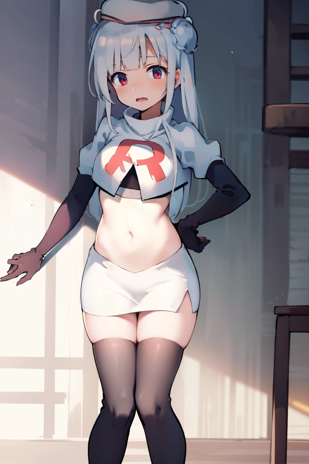 cygnet \(azur lane\), hat, team rocket,team rocket uniform,white skirt,red letter R,crop top,black thigh-highs,black elbow gloves