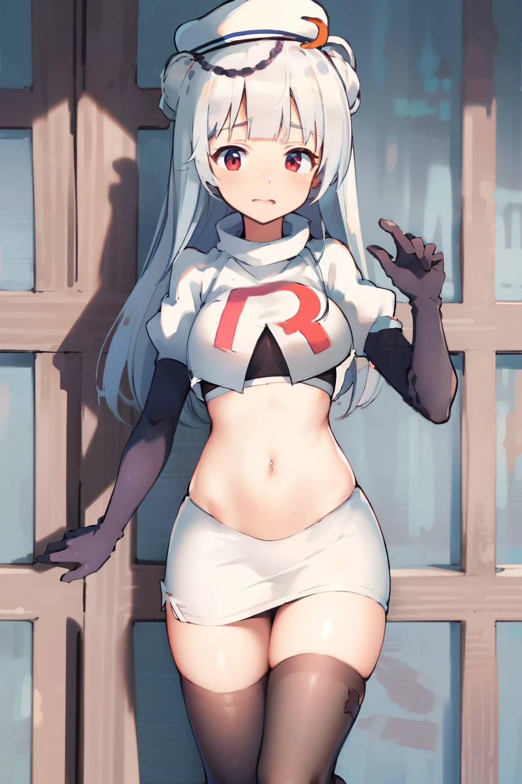 cygnet \(azur lane\), hat, team rocket,team rocket uniform,white skirt,red letter R,crop top,black thigh-highs,black elbow gloves