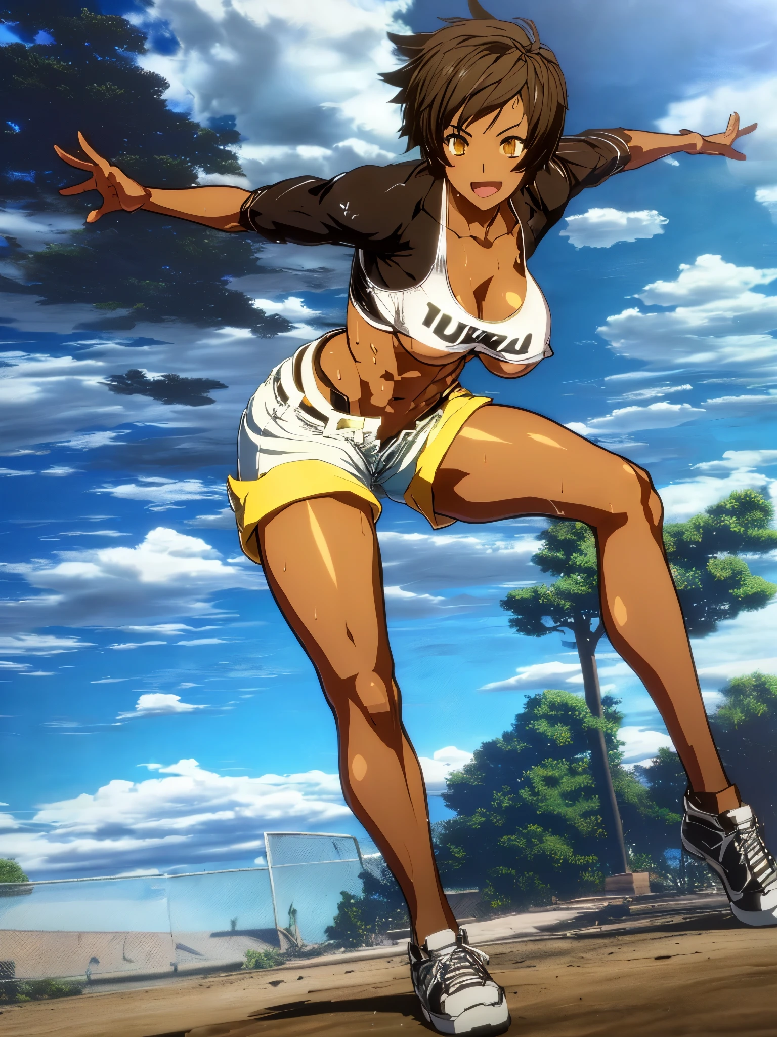  1 girl, zoom in the face, action pose,very detailed face, very detailed eyes,  Tan skin, dark skinned, tomboyish, tomboy with abs, revealing her slim abdomen ,short hair , brown hair, brown eyes, big breasts, sports bra , escrito "Brasil" no sutiã, underboob, clothes blue and yellow, 1 sharp tooth, open mouth smile, sweat short, shorts fluffy, full body, shot face, blushing a little, teenage, teen girl, 3D GUILTY GEAR STYLE RENDER, anime style art,

