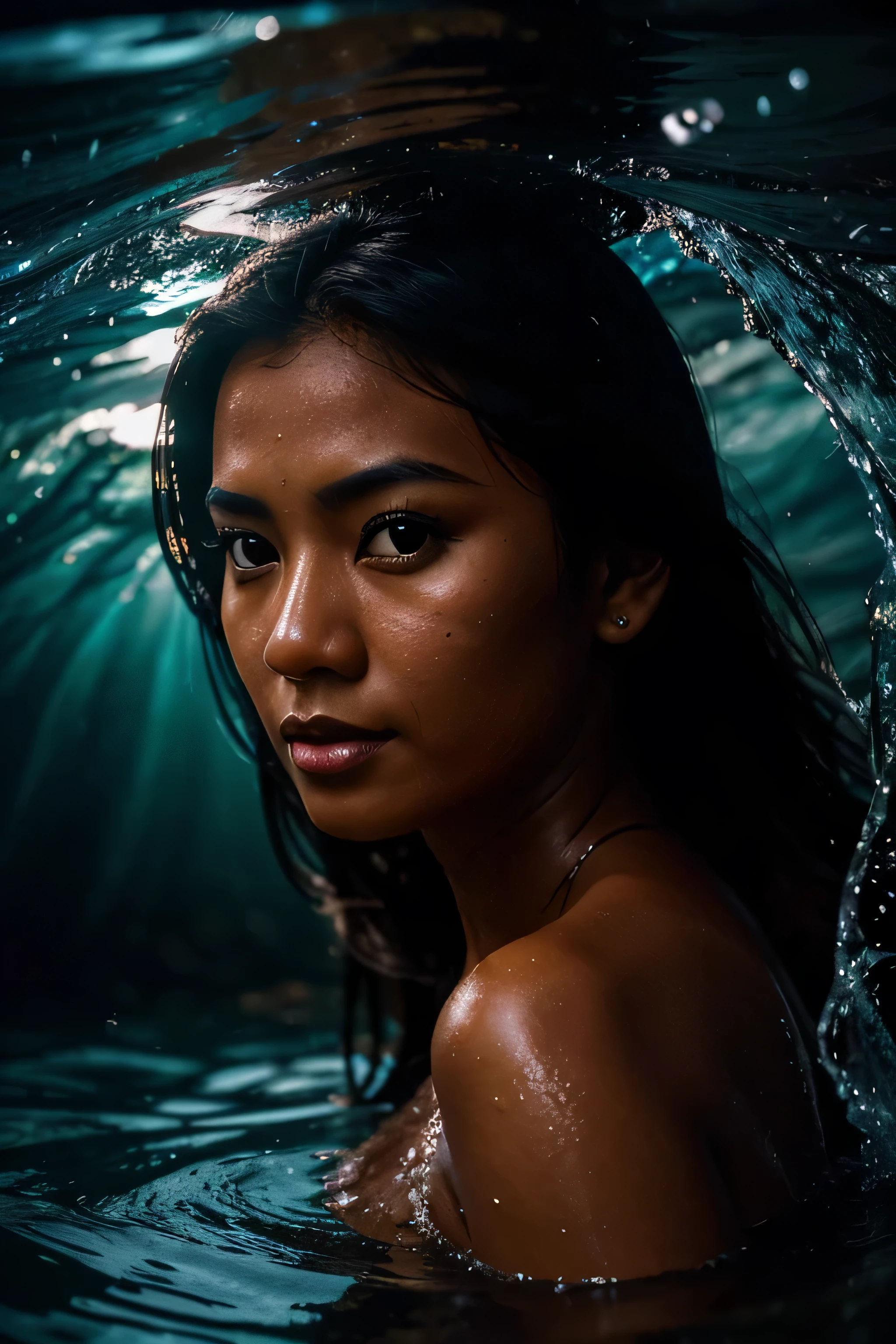 Highly detailed photograph of a dark tanned Malaysian woman trapped in a wave of water. professional color modelshoot photo(highly detailed:1.1), hasselblad, dark film noir lighting, detailed, 8k, (god rays:0.8), (lens flare:0.8), film grain, bokeh, depth of field.