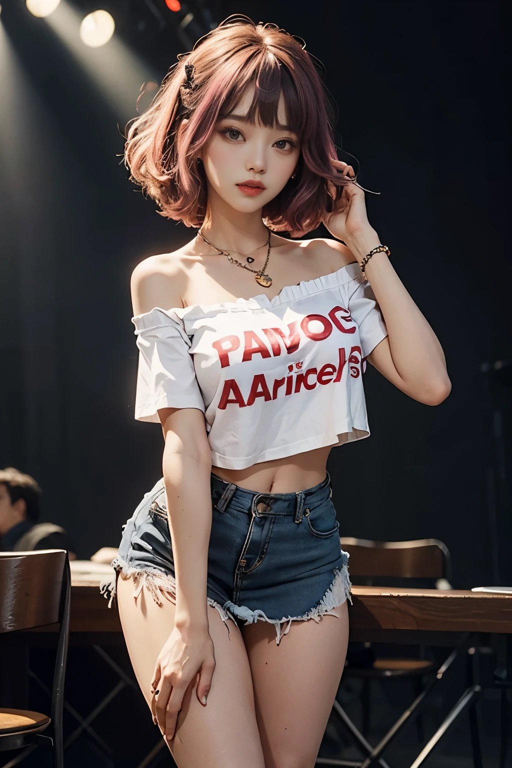  Black and Pink hair, middle hair bang, tied hair, hair pin, wide chest, necklace, off shoulder blue fitted t-shirts,mini skirt, long legs, in stage, best quality, masterpiece, goddess