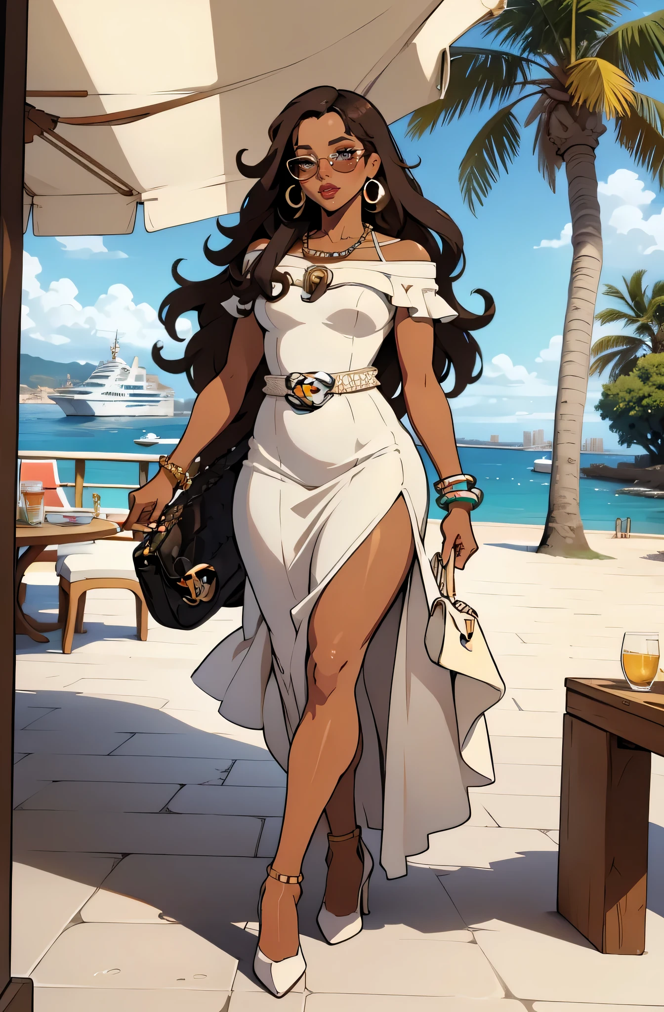 background monaco, harbour , sea, boats (a 35 year old woman) brown skin, solo, 1 girl,, african long hair, super detailed, modern style, wearing white gucci dress and chanel sunglasses