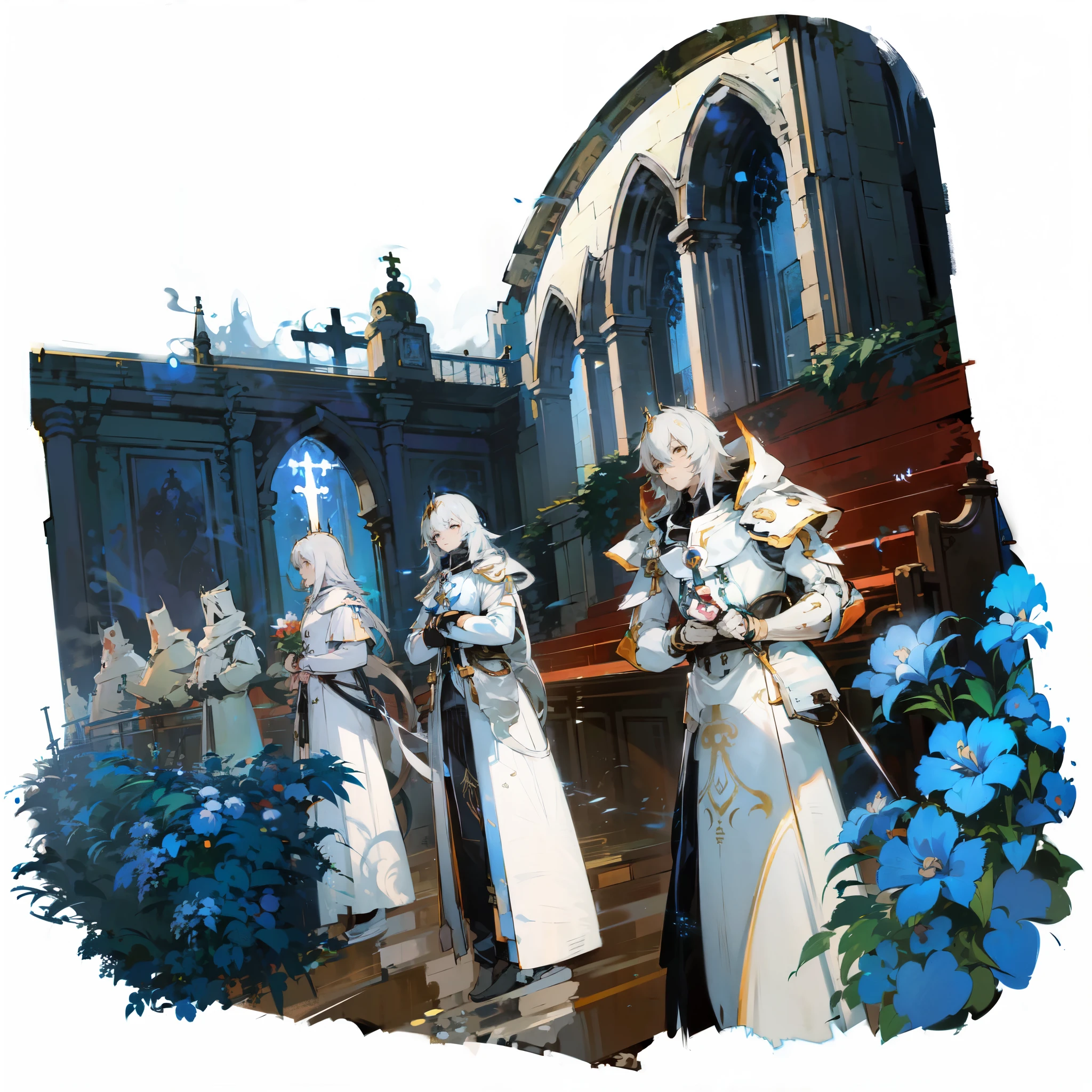 (((anime - style illustration of a group of sci-fi white knights lined in front of a church))), sci-fi white paladins, [ red carpet going up the stairs to the church ], white and blue theme, blue flowers, cross, lights and fireflies, from punishing gray raven, from fate grand order, fine details, cushart kenz, from arknights, trending on artstation pixiv