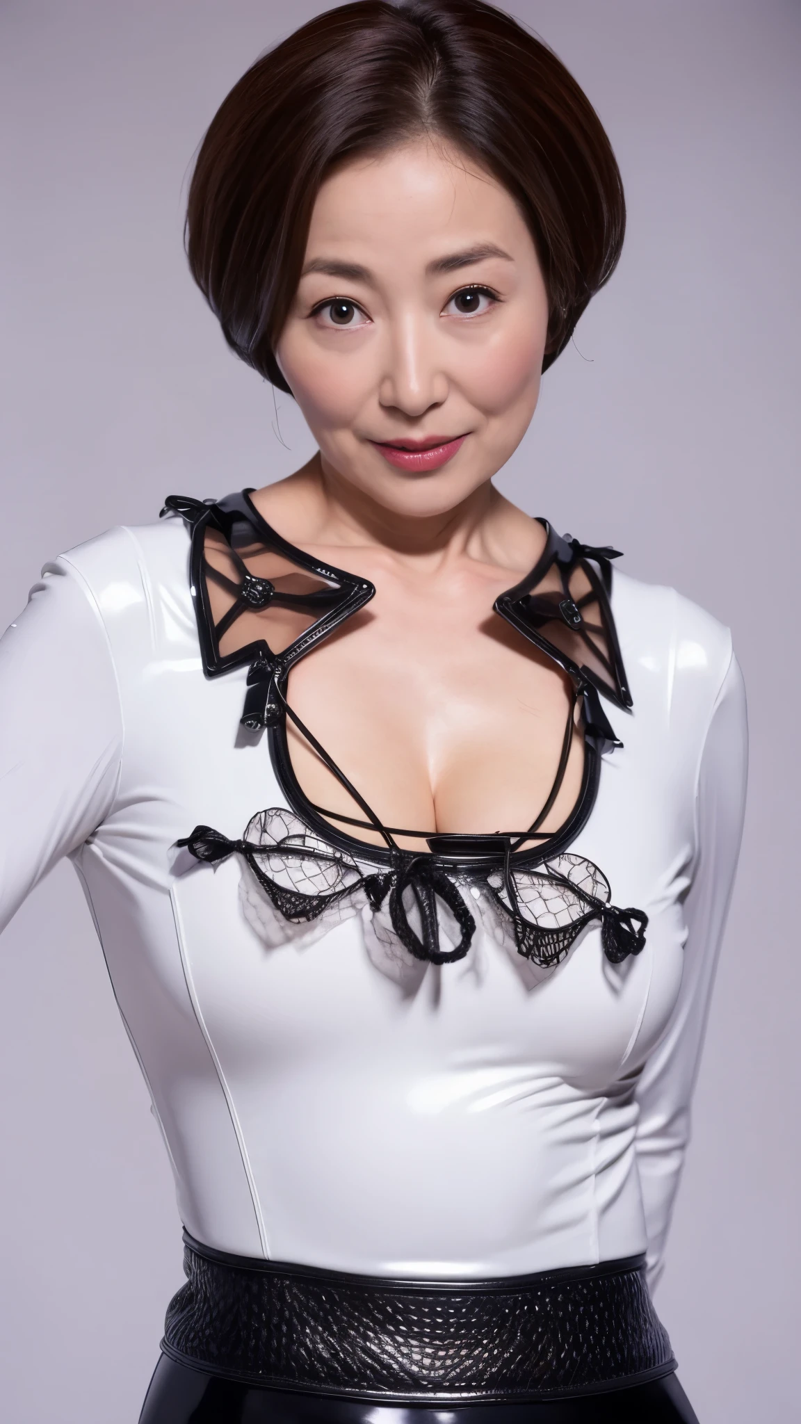 Wearing latex costumes, Fit the top of the head on the screen, in focus, solid color background, gravure, erotic, highest quality, super detailed, realistic, super dense skin, anatomically correct, (1 Japanese mature woman), (alone), 100 years old, big breasts, Mature AV Actress, Glamour, Sexy, pure white skin, looking at the viewer,
