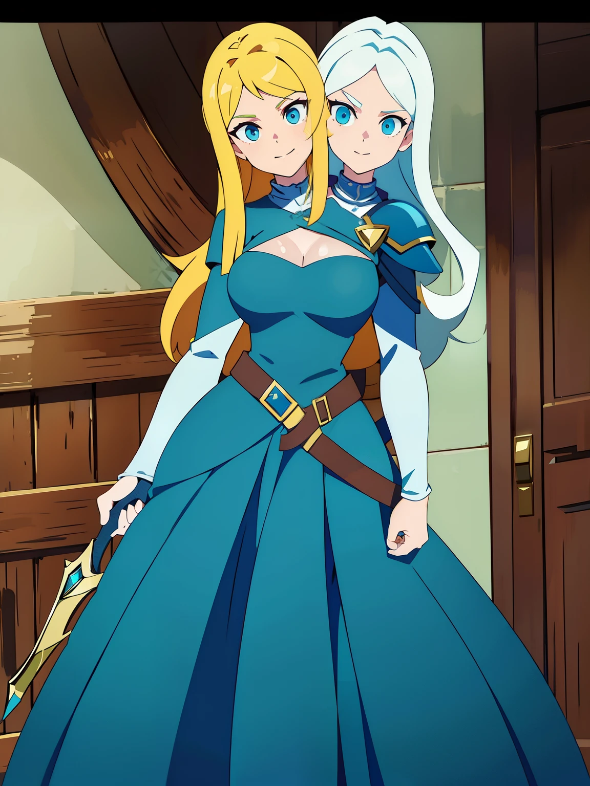 (masterpiece),(ultra-detailed), (high quality), (high resolution), (best quality:1.5, highres, UHD), smiling, highres, blonde hair long_hair, blue eyes, medium_breasts, greenGuild Clothes with Armor, Masterpiece, absurdo, ultra detalhado, ultra qualidade, Ultra resolution, 16k, hammer weapon (2heads:1.5)