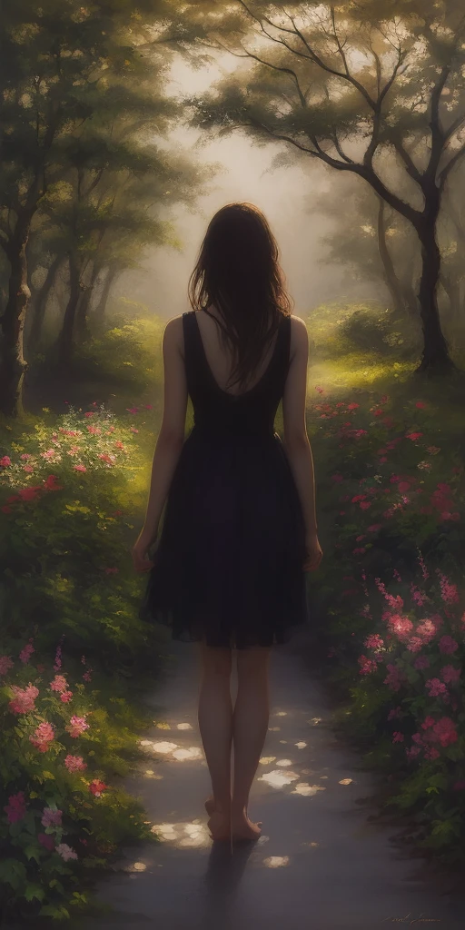 a girl in a garden, oil painting, soft brush strokes, vibrant colors, sunlight filtering through the trees, blooming flowers, lush greenery, gentle breeze, serene atmosphere, peaceful setting, dappled shadows, graceful posture, delicate features, flowing hair, relaxed expression, dreamlike quality, warm color palette, natural lighting