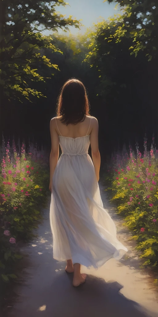 a girl in a garden, oil painting, soft brush strokes, vibrant colors, sunlight filtering through the trees, blooming flowers, lush greenery, gentle breeze, serene atmosphere, peaceful setting, dappled shadows, graceful posture, delicate features, flowing hair, relaxed expression, dreamlike quality, warm color palette, natural lighting