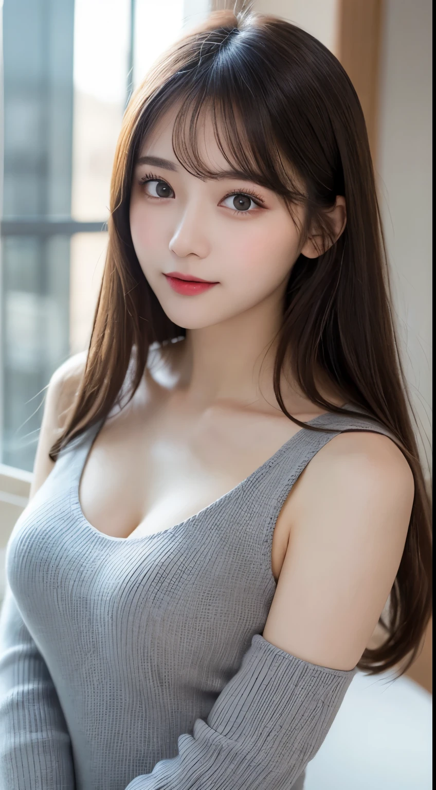 table top, highest quality, shape, Super detailed, finely, High resolution, 8k wallpaper, 完璧なダイナミックな構shape, beautiful and detailed eyes, gray trend knit dress, small breasts, natural color lip,gentle smile,20 year old girl、beautiful and detailed face、perfect and beautiful face,Big eyes、beautiful detailed face、perfect and beautiful double eyelids、blur the background、perfect and beautiful face、Beautiful feminine pose、blur background、slim face and style、Blur background、straight hair、luxury living、Take a full body photo、real photos、Frolic