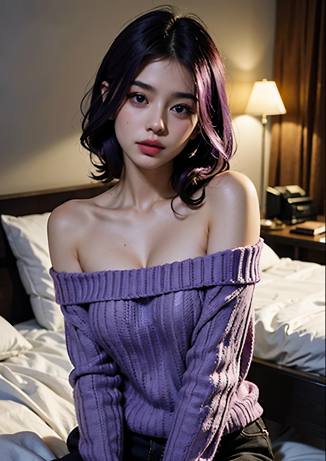 8K, Ultra detailed, Physically-based rendering, 25 year old, model, actress, Bedroom, Night, Perfect skin, purple hair, Closed mouth, off-shoulder purple sweater, Soft lights
