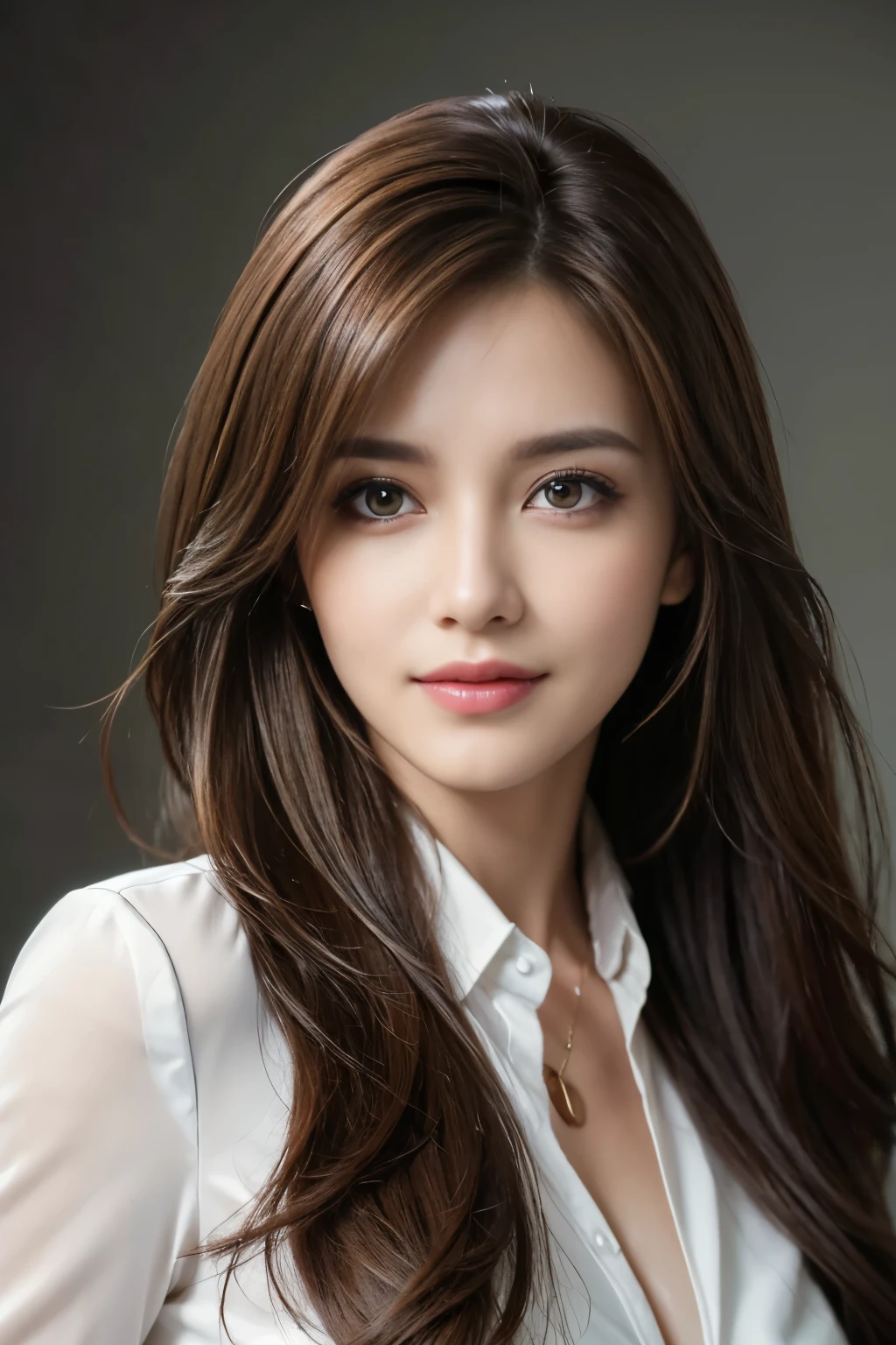 table top, highest quality, realistic, super detailed, finely, High resolution, 8k wallpaper, 1 beautiful woman,, light brown messy hair, wearing a business suit, sharp focus, perfect dynamic composition, beautiful and fine eyes, fine hair, Detailed realistic skin texture, smile, close-up portrait, model body shape