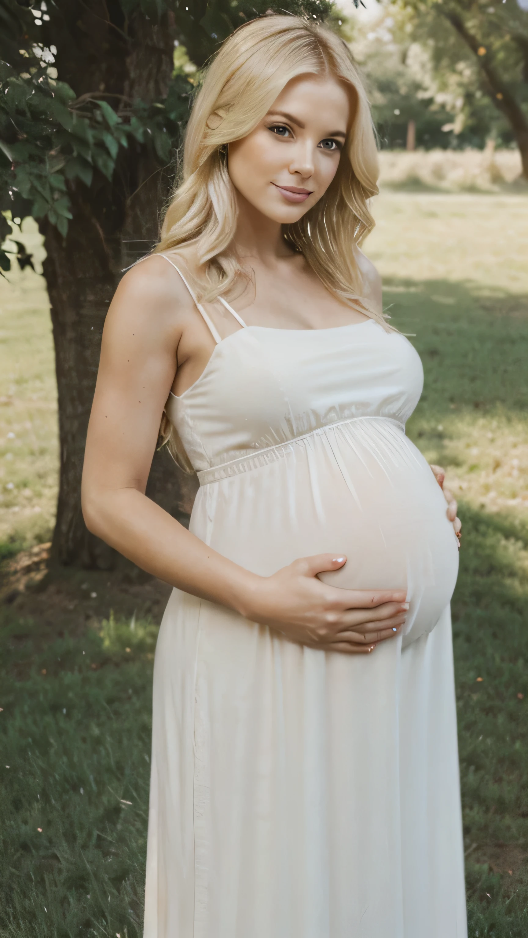 beautiful blonde woman wearing a long dress and being pregnant