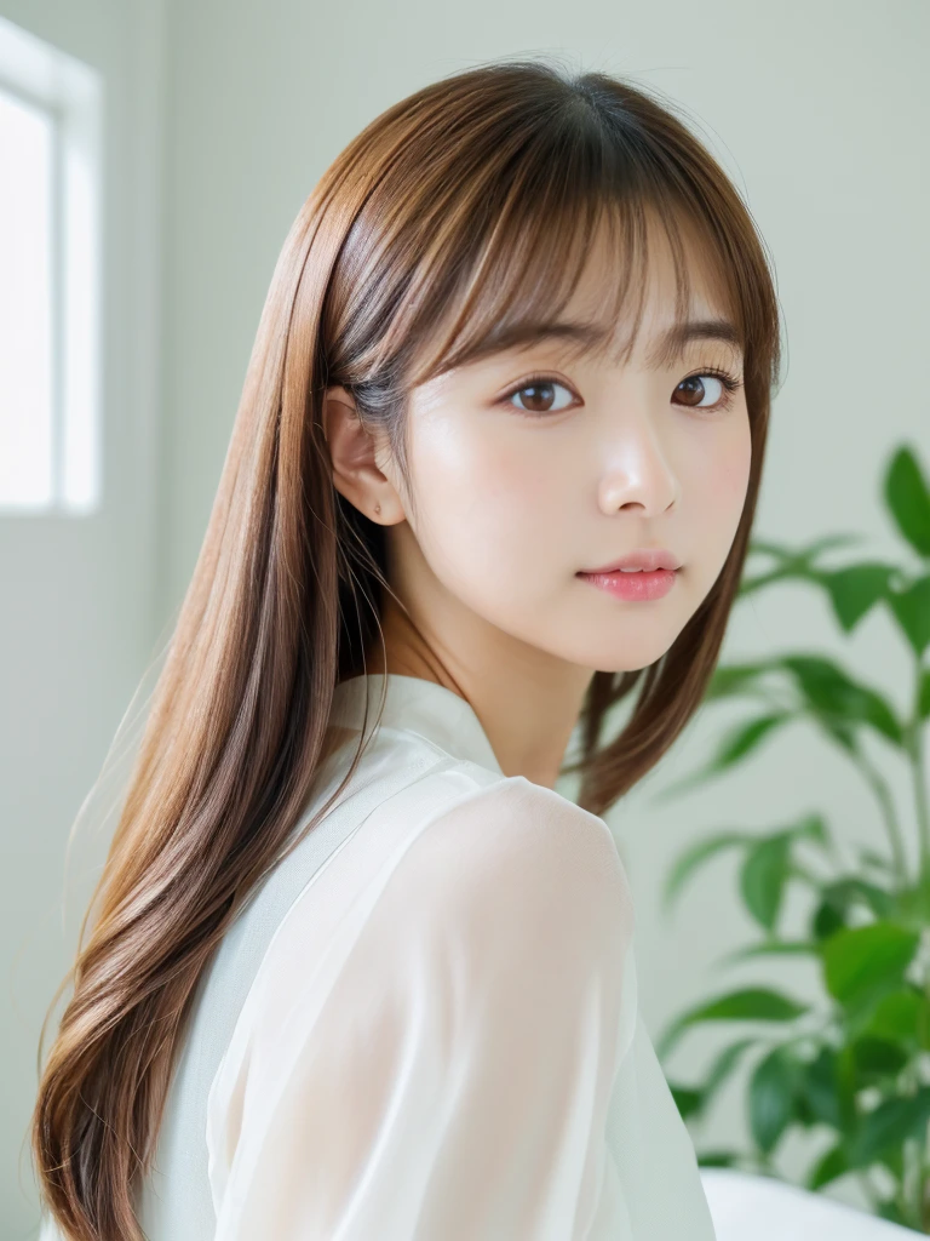 ((cute日本の女の子、beautiful japanese girl、1 girl、19 years old、Highly detailed face and skin texture、super detailed face、highly detailed eyes、Lee Hong、blush、ponytail、close-up of woman、front、cute、Highly detailed face and skin texture、smooth white skin、Transparent skin texture、))、(dark brown hair)、look at the camera、sharp focus:1.2、beautiful woman with perfect style:1.4、japanese model、young gravure idol、若いcuteグラビアアイドル、Realistic young gravure idol、sophisticated gravure idol、((highest quality、8K、masterpiece:1.3、1photograph))、(4K、RAWphotograph、highest quality)、Place someone on the other side of the screen、Natural light、((morning、noon、Bright interior、white room、Sense of cleanliness、bedルーム、bed、観葉plant、plant))、