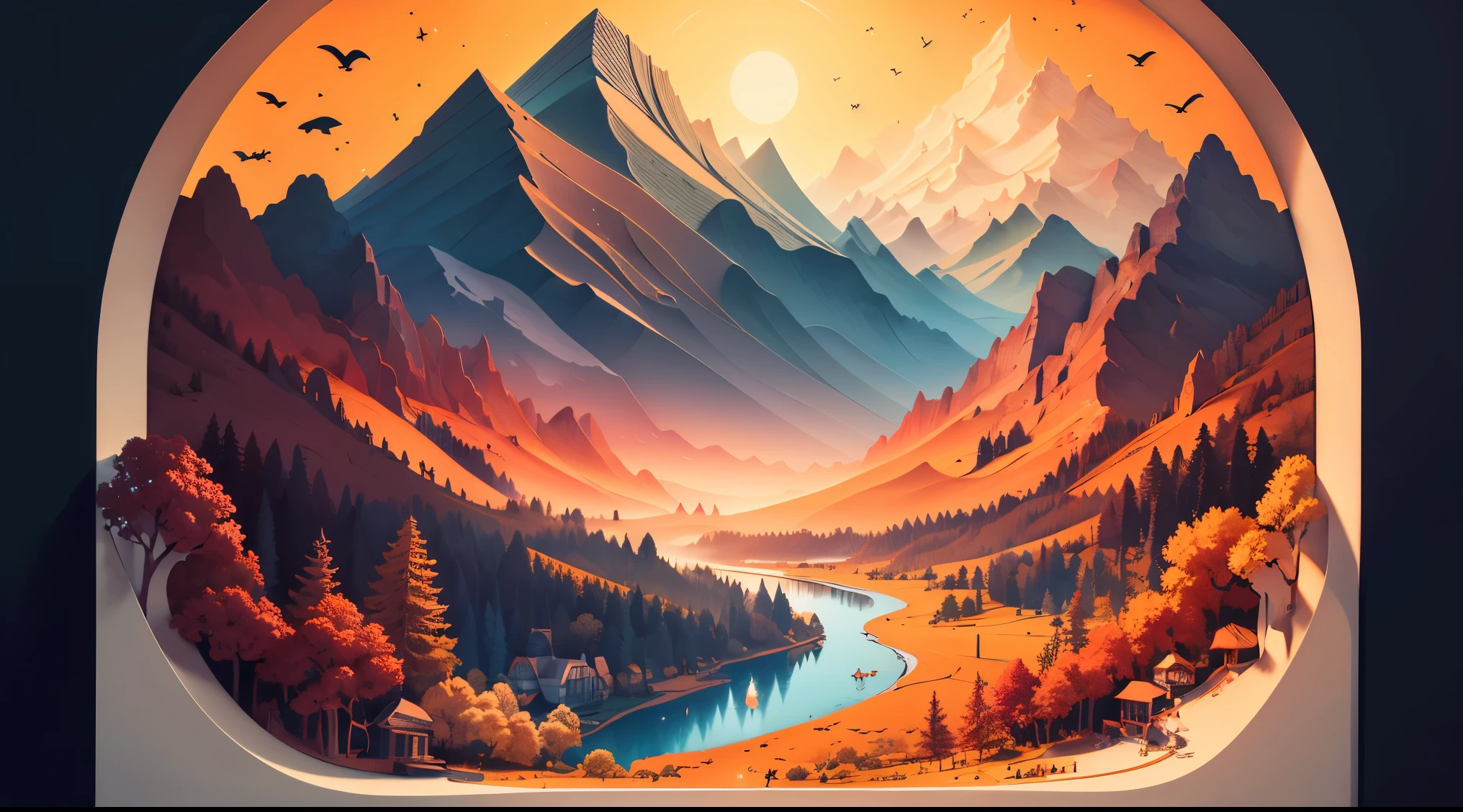 (((masterpiece))), best quality, illustration, Beautiful and detailed light, paper_cut, wallpaper, Red，landscape