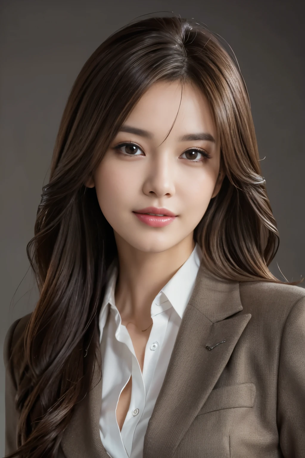 table top, highest quality, realistic, super detailed, finely, High resolution, 8k wallpaper, 1 beautiful woman,, light brown messy hair, wearing a business suit, sharp focus, perfect dynamic composition, beautiful and fine eyes, fine hair, Detailed realistic skin texture, smile, close-up portrait, model body shape