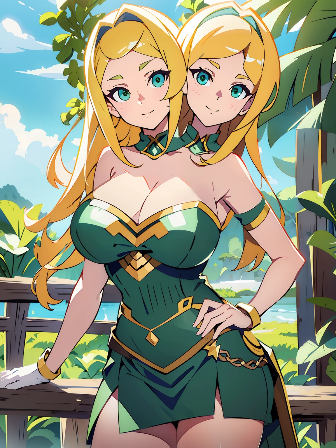 (masterpiece),(ultra-detailed), (high quality), (high resolution), (best quality:1.5, highres, UHD), smiling, highres, blonde hair long_hair, green eyes, medium_breasts, Guild Clothes with Armor, Masterpiece, absurdo, ultra detalhado, ultra qualidade, Ultra resolution, 16k, hammer weapon (2heads:1.5)