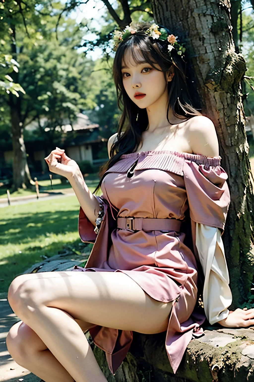 Long hair, hair bang, flower crown, wide chest, off shoulder goddess dress, long legs, sexy legs, Lean on tree, tree background