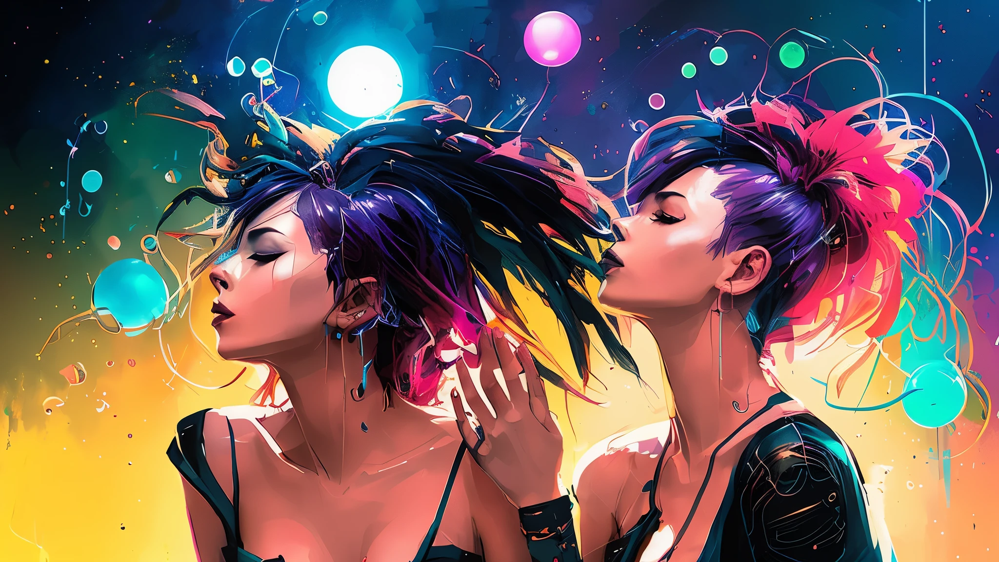 NSFW, (2girls) woman's entire body naked, NTSF, kissing another woman, saturated colors, psychedelic image, LSD, mandala, fractral, fantasy, tattoo, painted body, power, sexy