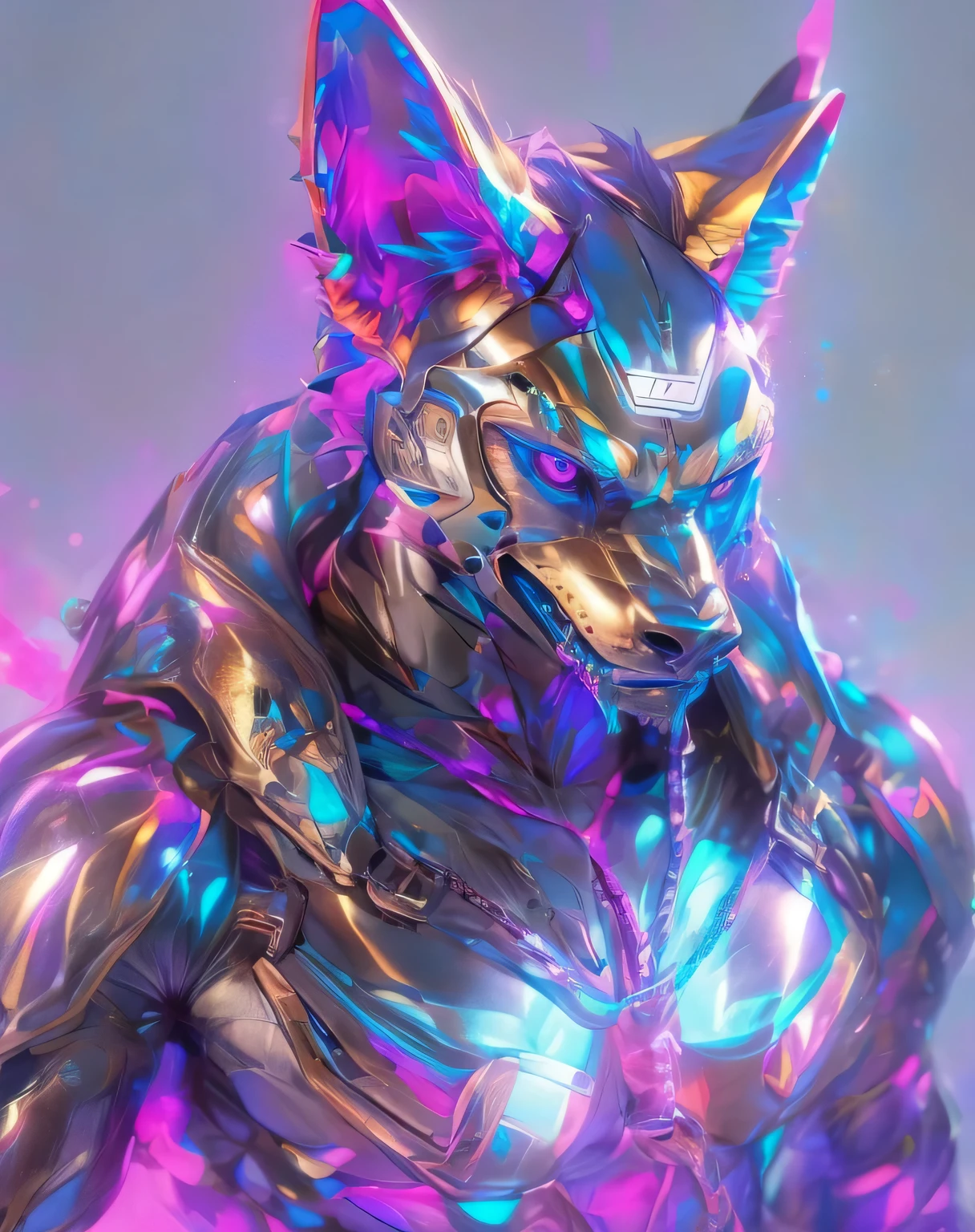 (mid_shot:1.3),(1 male:1.2),(muscle maned wolf:1.1),(frontal illumination:1.2),with a silver body and glitters with lights above,extreme iridescent reflection,in the style of vray tracing,vibrantmanga,shiny/ glossy,rococo pastel,fluid form,tinycore,fluid impressions,vray,machine aesthetics,yanjun cheng,silver,shiny eyes,fluidform.,the young warrior,male characteristics, detailed bulge, vpl, beard, bulge, nice bulge