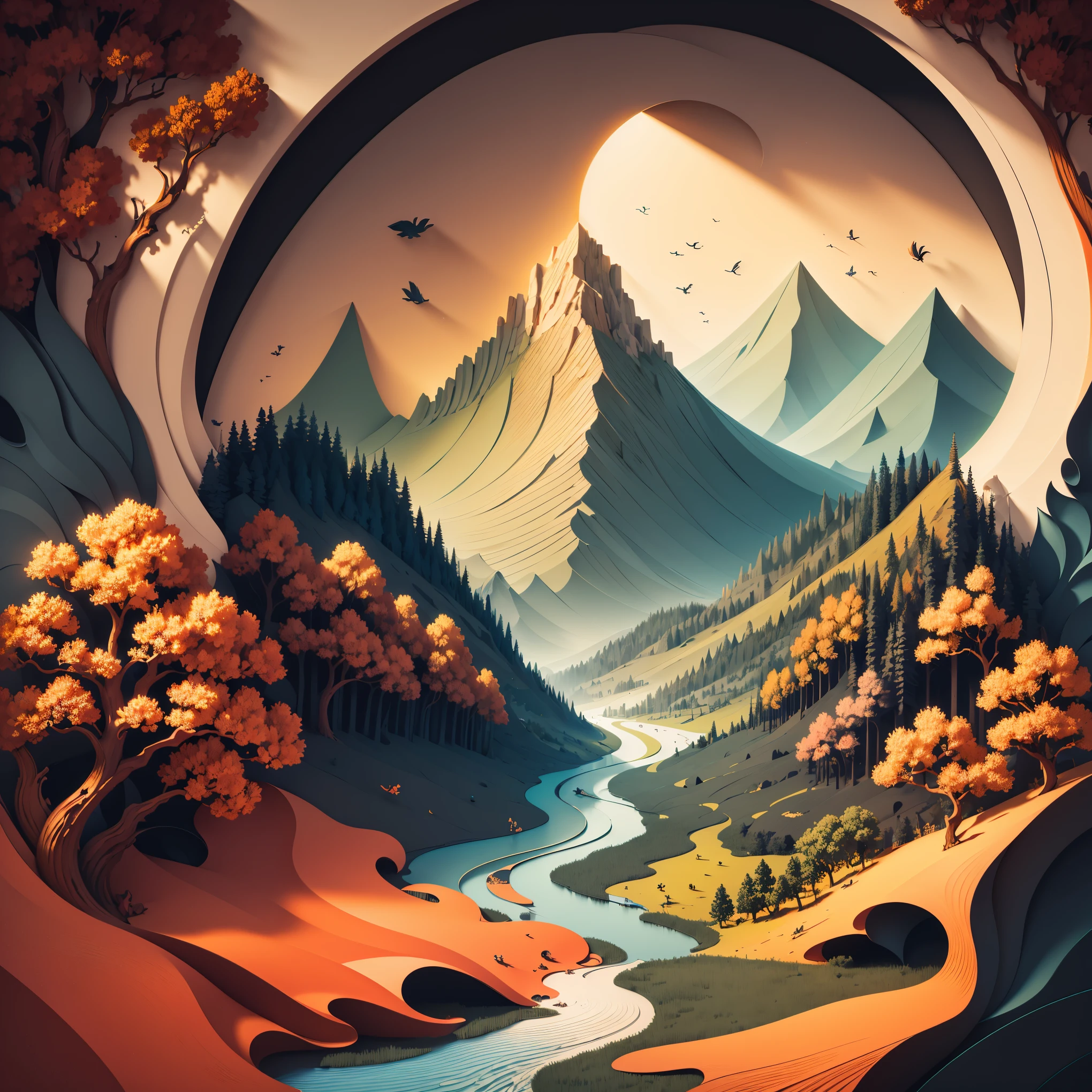 (((masterpiece))), best quality, illustration, Beautiful and detailed light, paper_cut, wallpaper, Red,landscape,forest