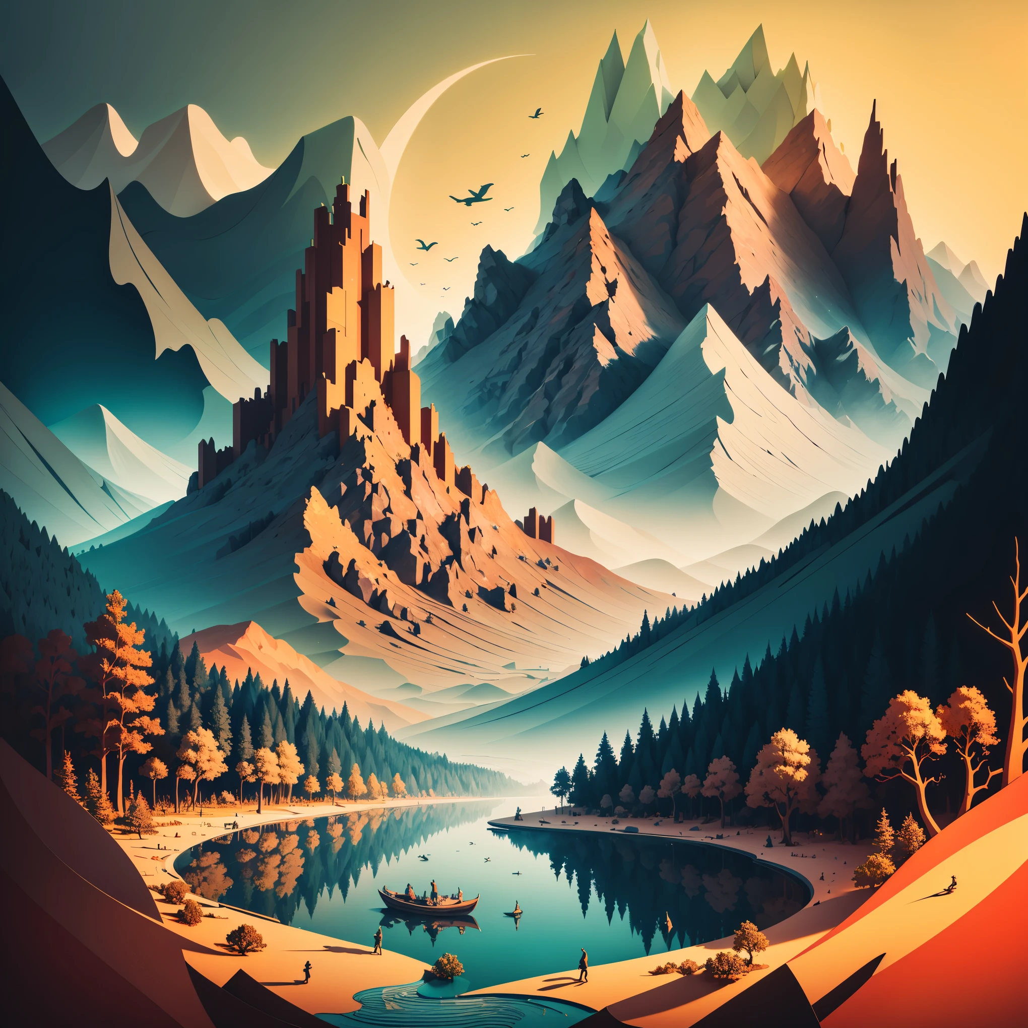 (((masterpiece))), best quality, illustration, Beautiful and detailed light, paper_cut, wallpaper, Red，landscape，forest